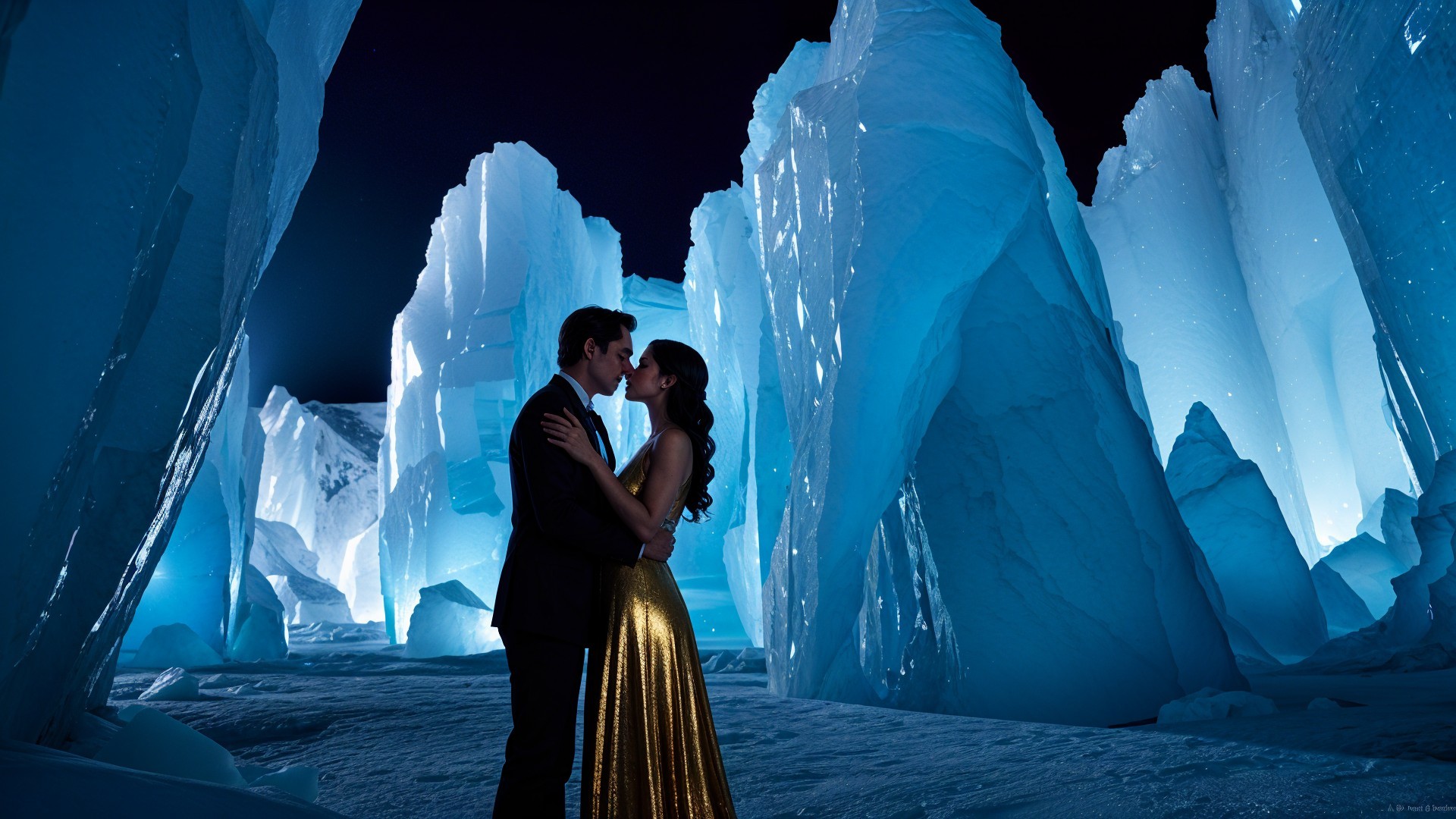 Romantic Kiss in an Icy Landscape with Blue Light