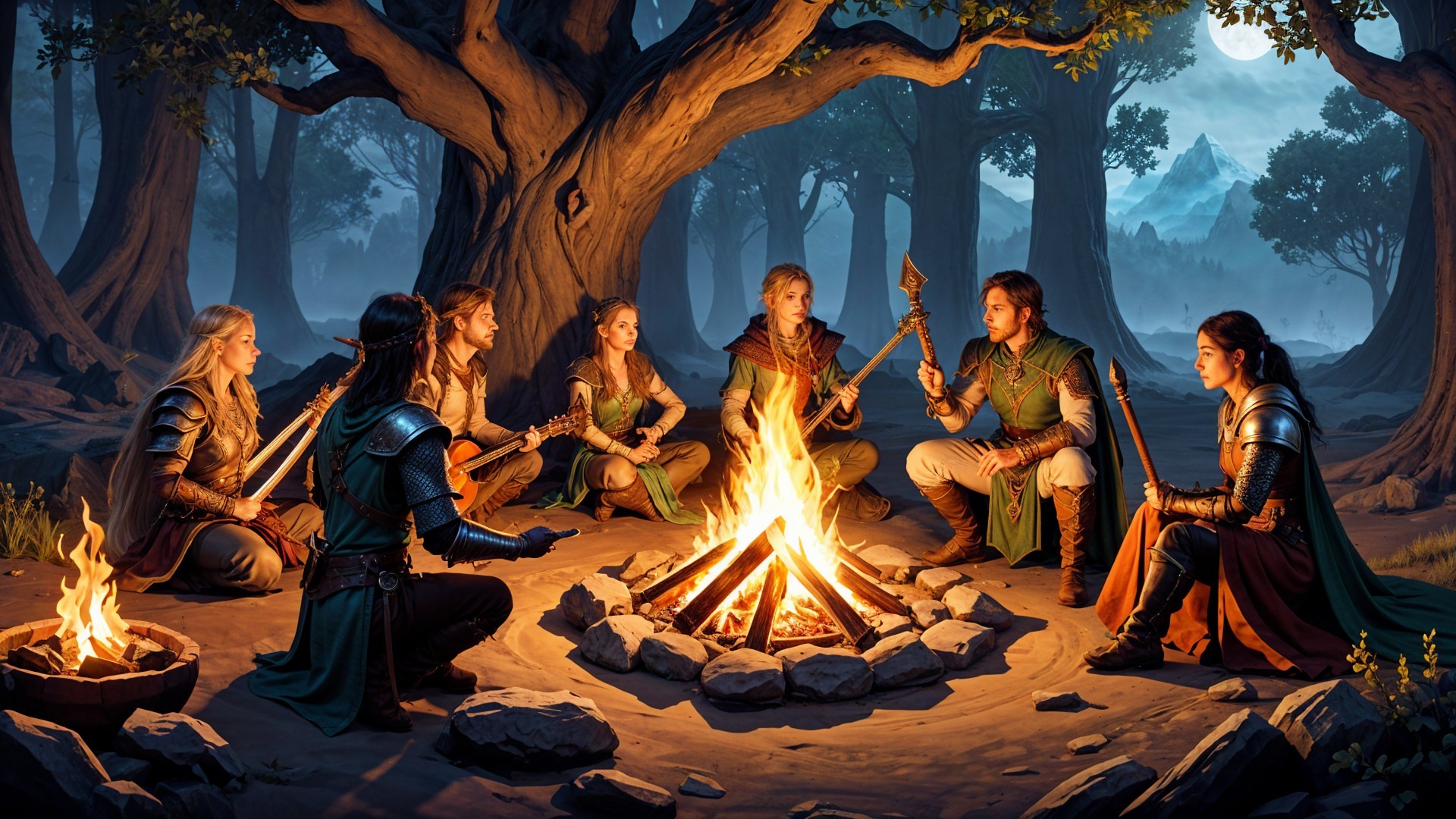 Medieval Adventurers Gather Around Campfire in Forest