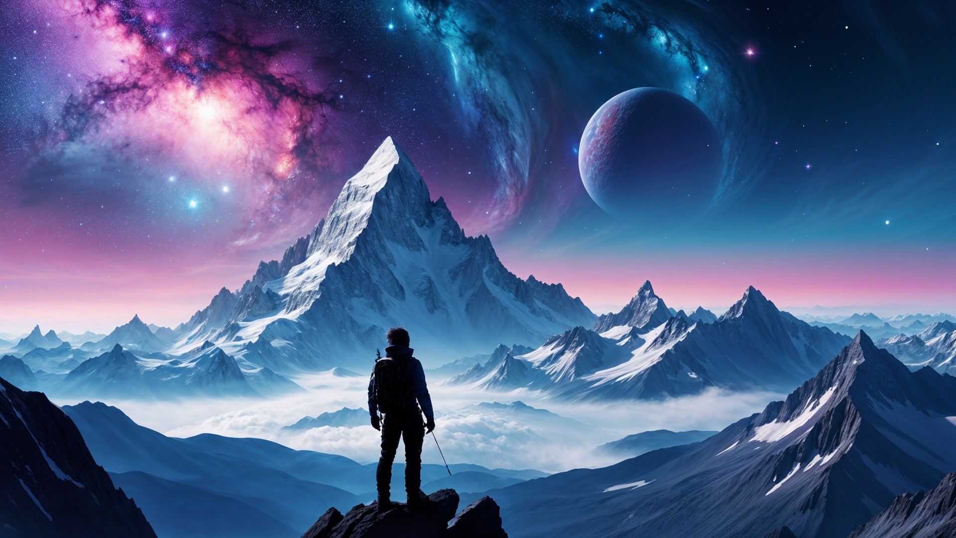 Lone Hiker Overlooking Cosmic Mountain Landscape