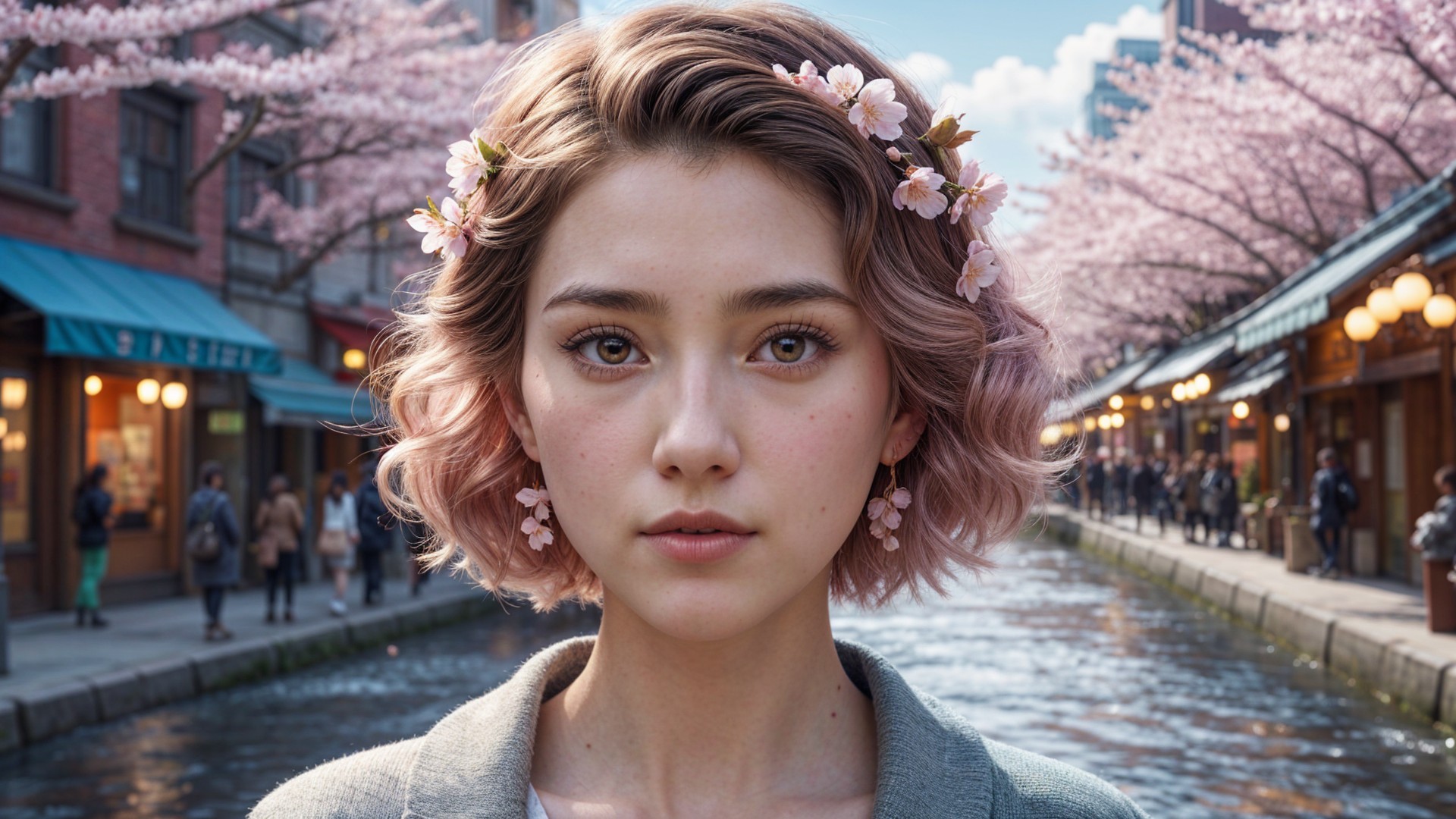 Young woman with flowers by cherry blossom canal
