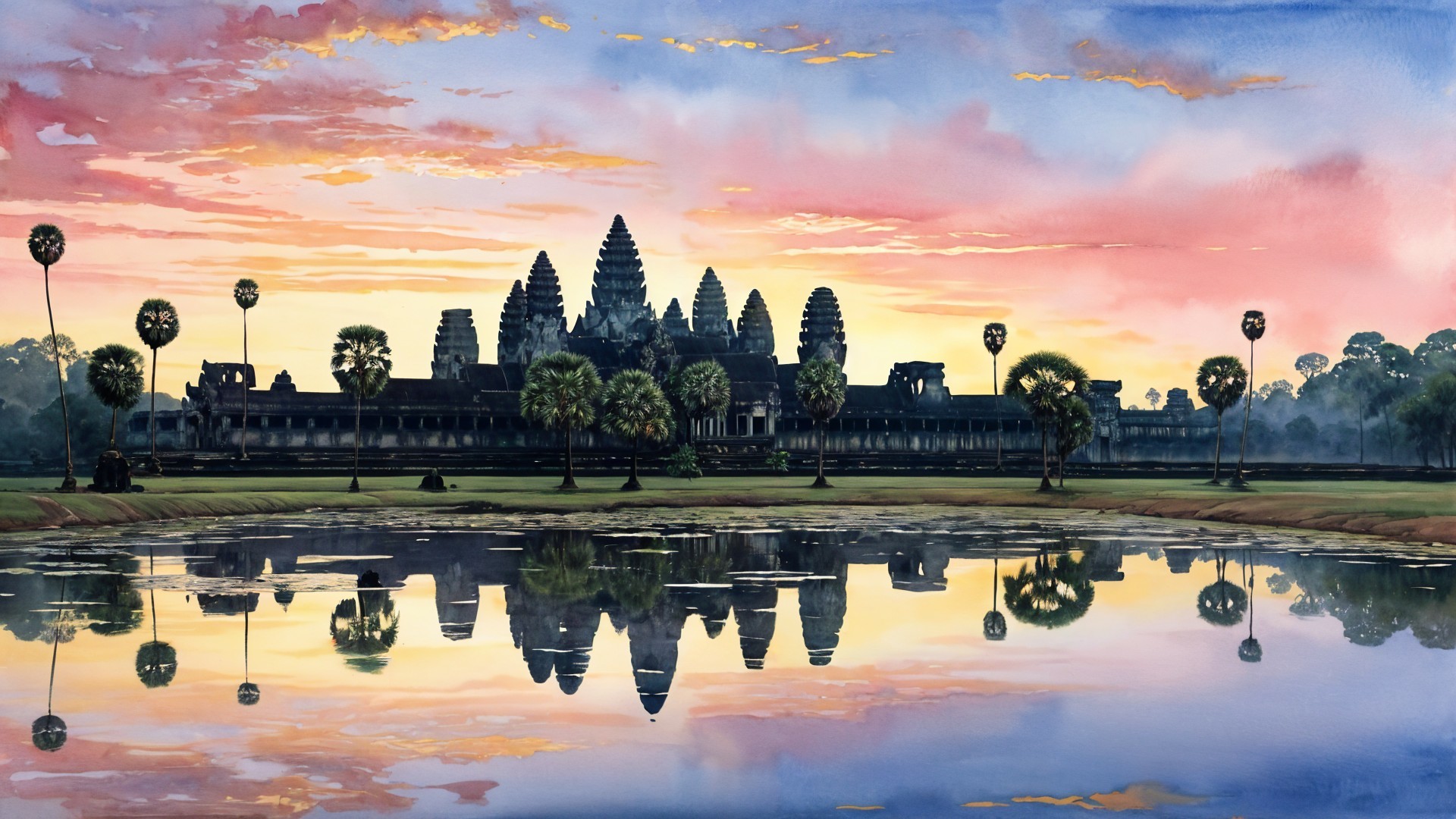 Angkor Wat Temple Complex at Sunrise with Reflection