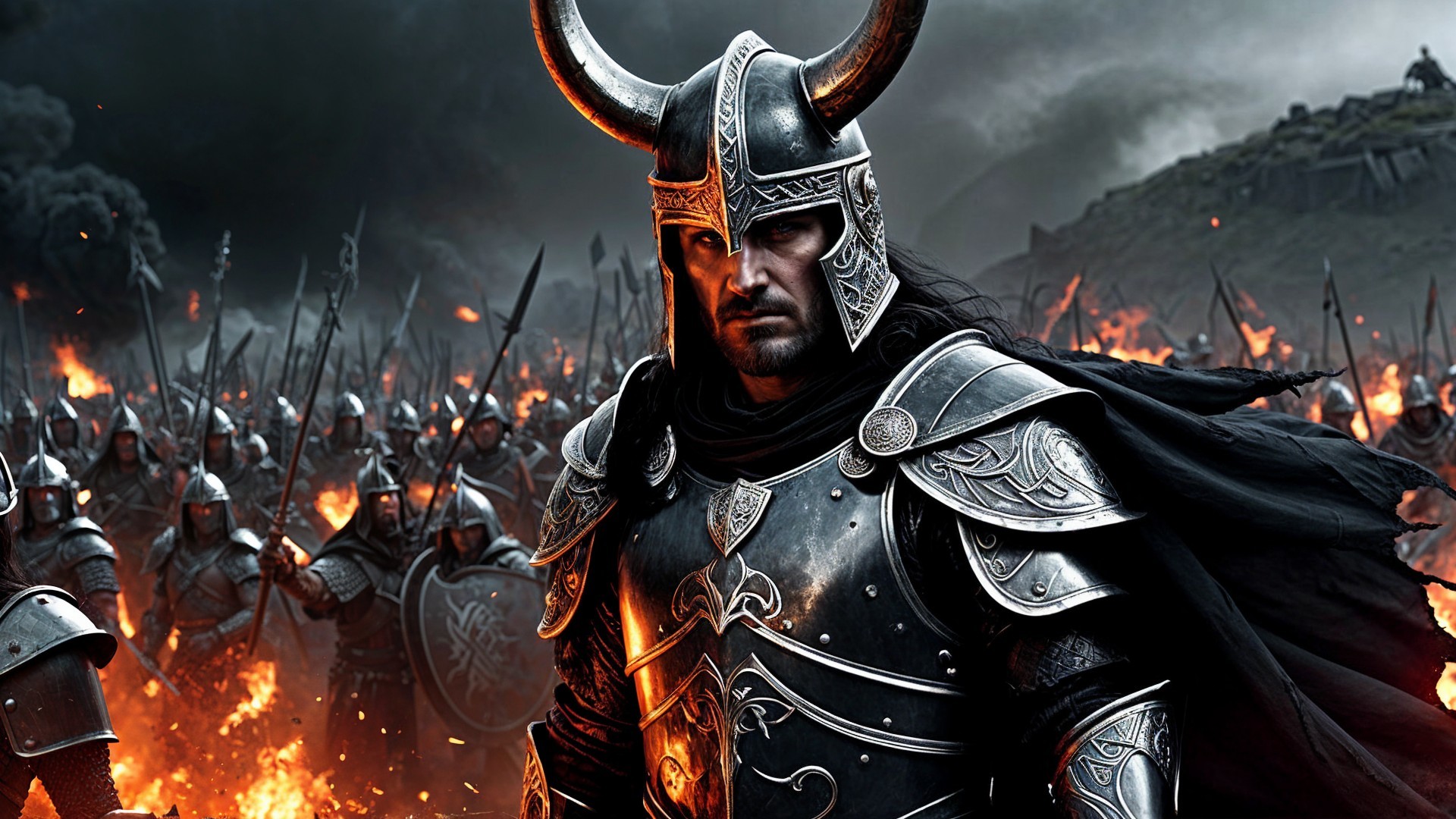 Fierce warrior in ornate armor on chaotic battlefield