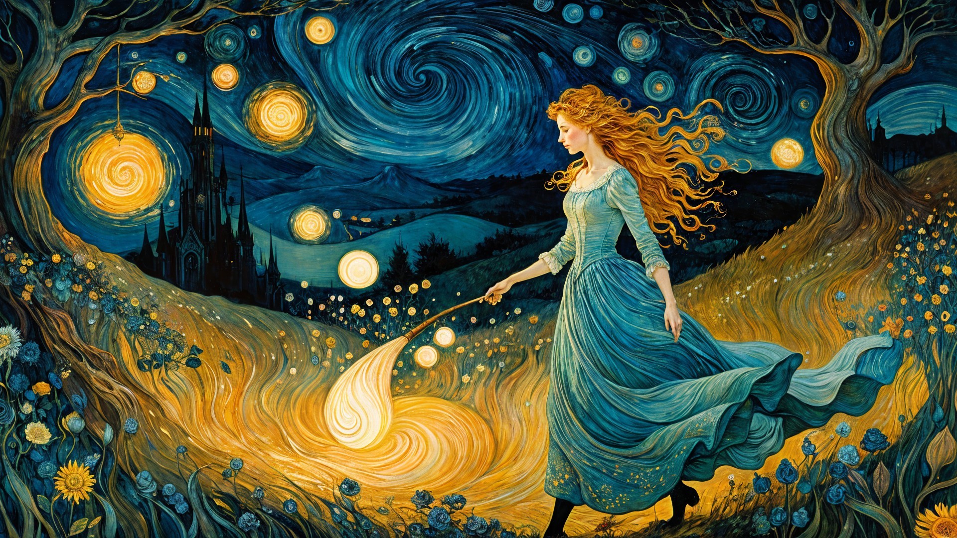 Whimsical Landscape with Young Woman and Celestial Elements