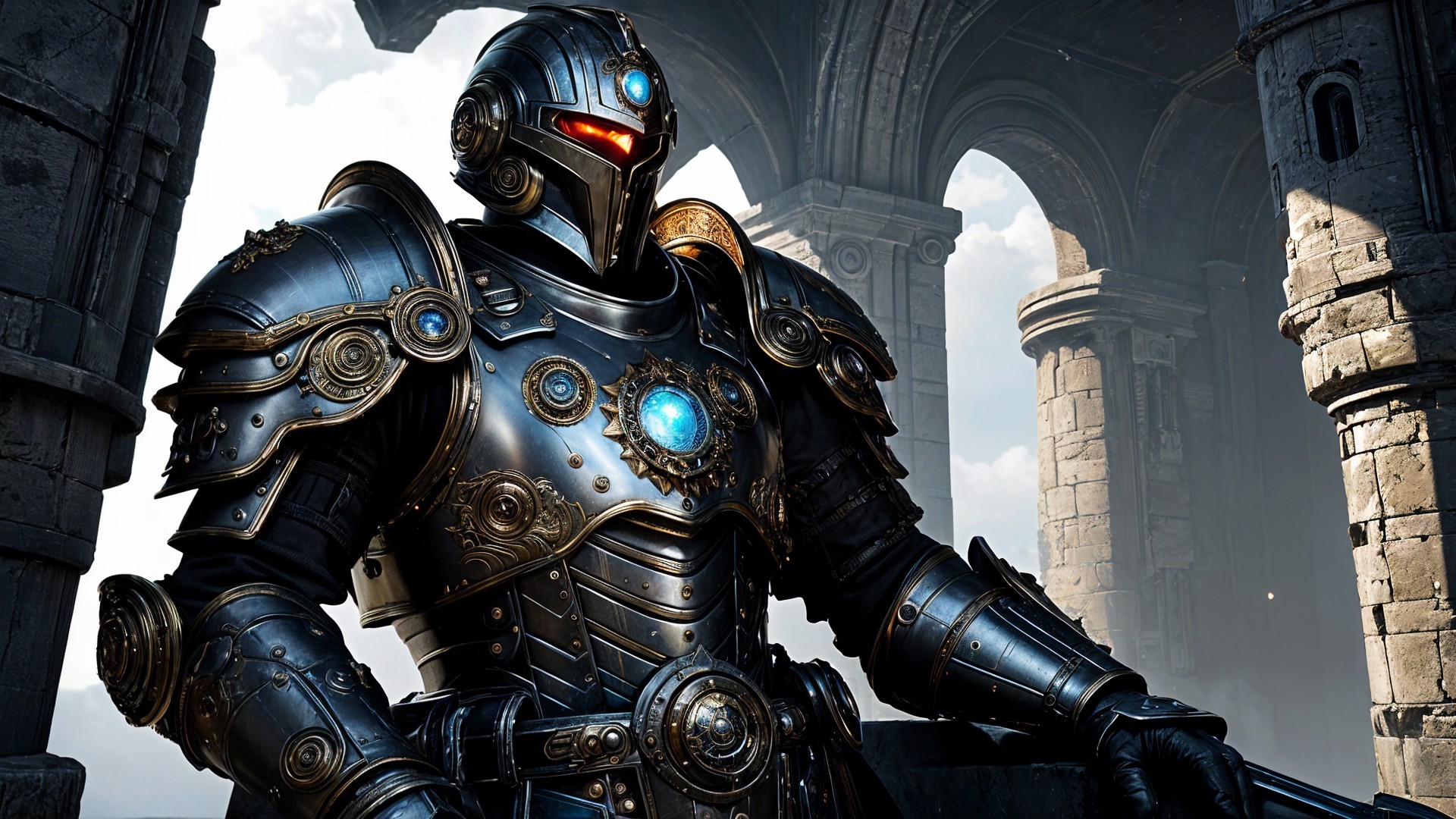 Ornate robot warrior in intricate metallic armor