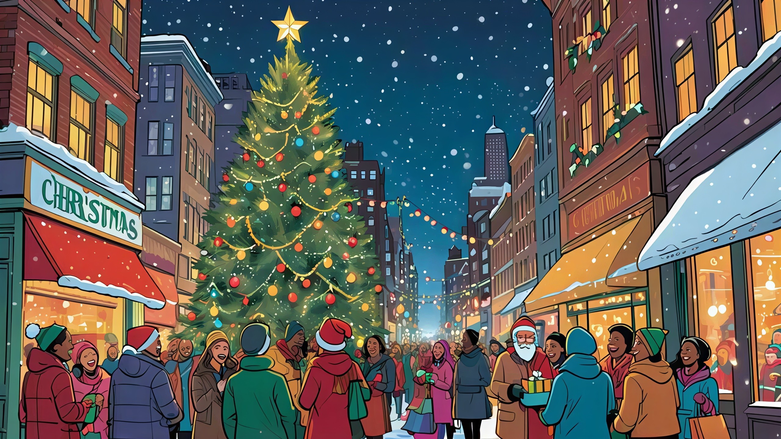 Vibrant Christmas Scene on a City Street at Night