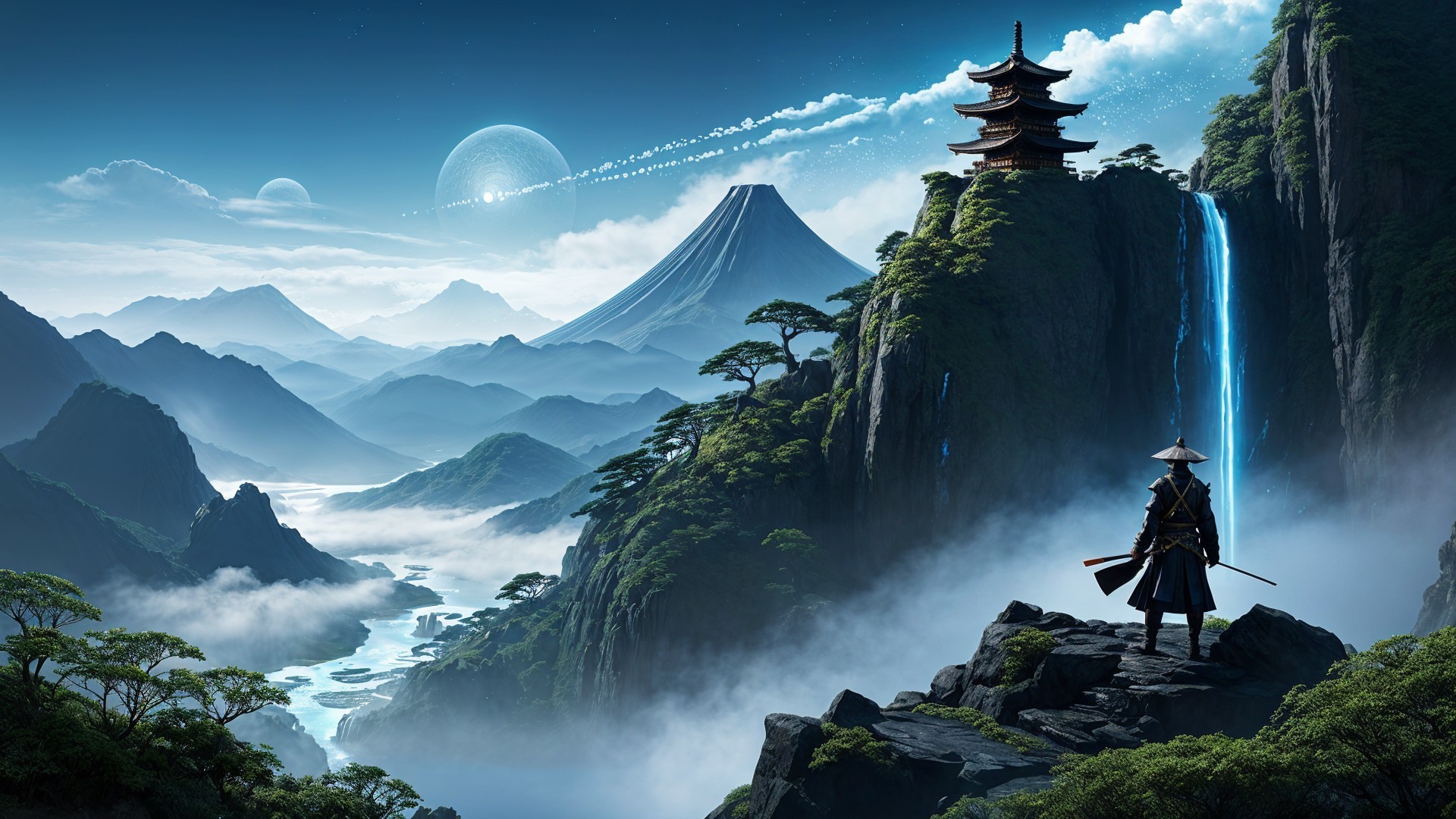 Lone Figure on Mountain Peak with Waterfalls and Volcano