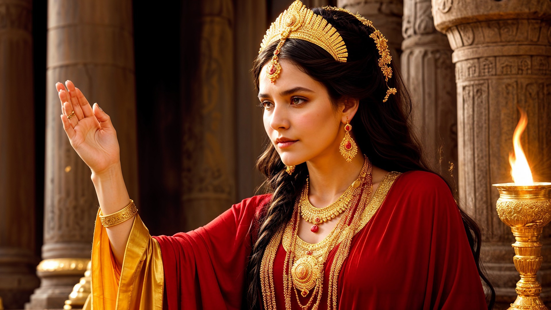 Regal Figure in Red Attire with Gold Jewelry
