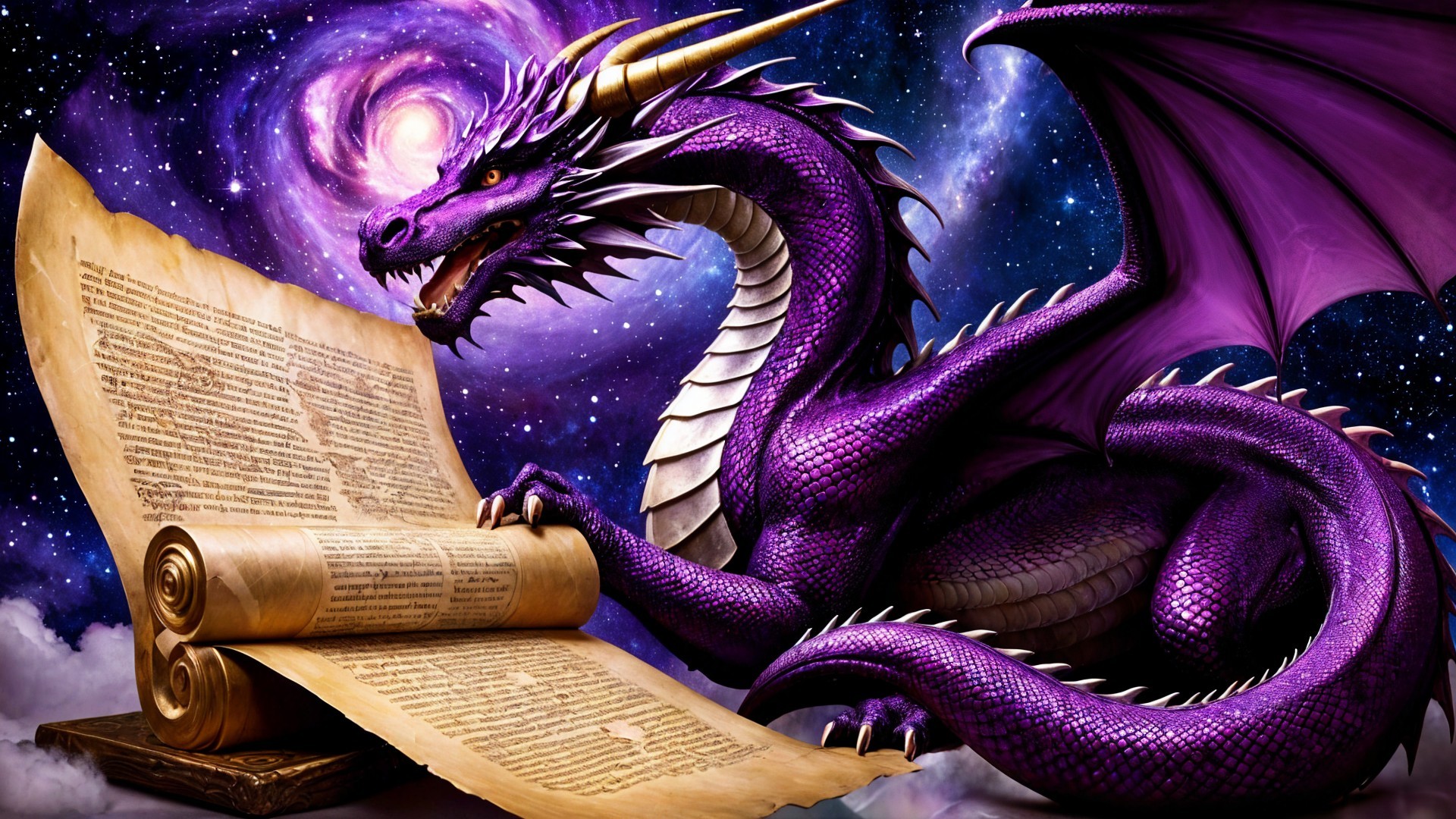 Purple dragon on cloud with ancient scroll in cosmic scene