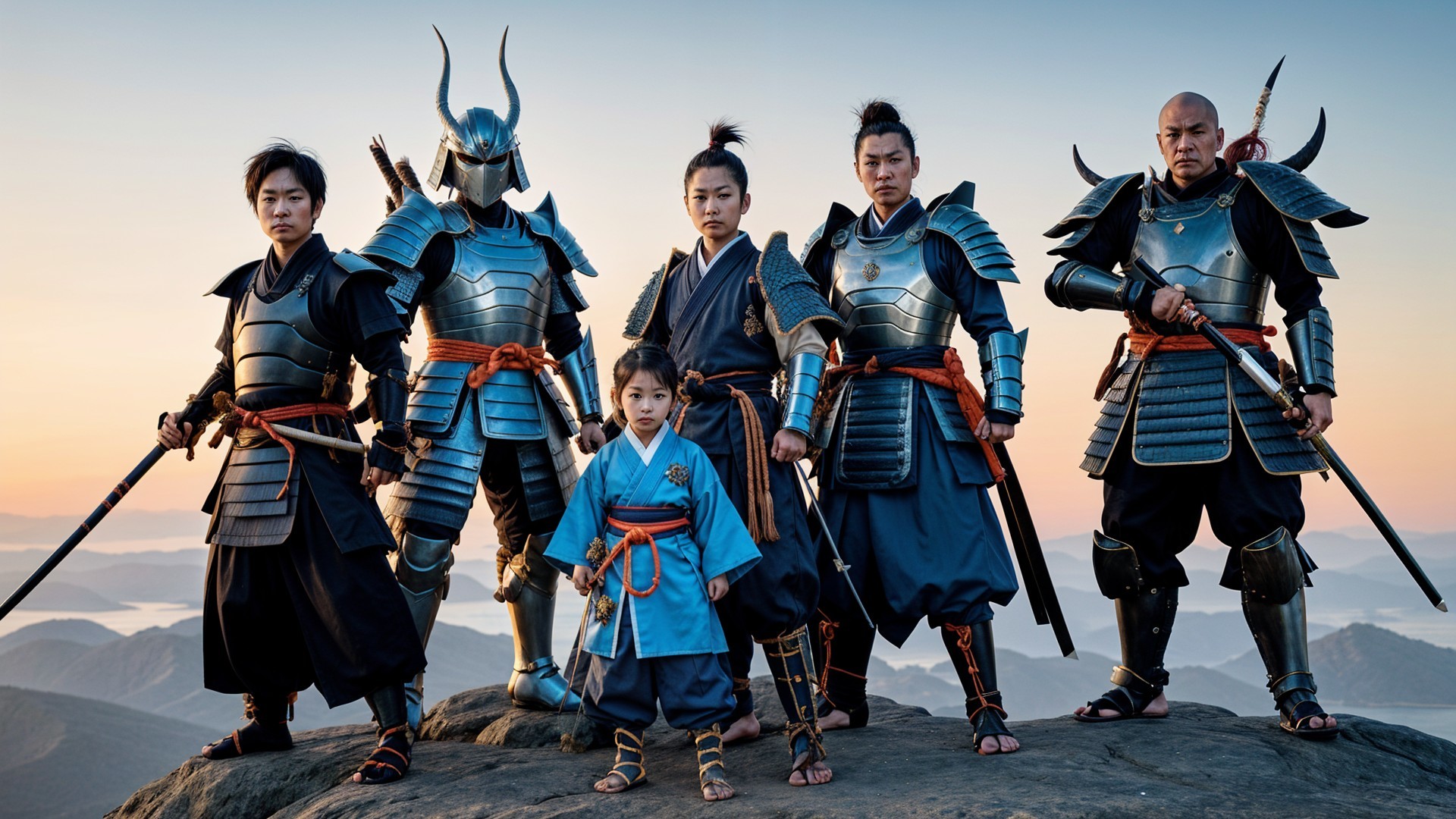 Warriors in Samurai Armor on Rocky Outcrop at Sunset
