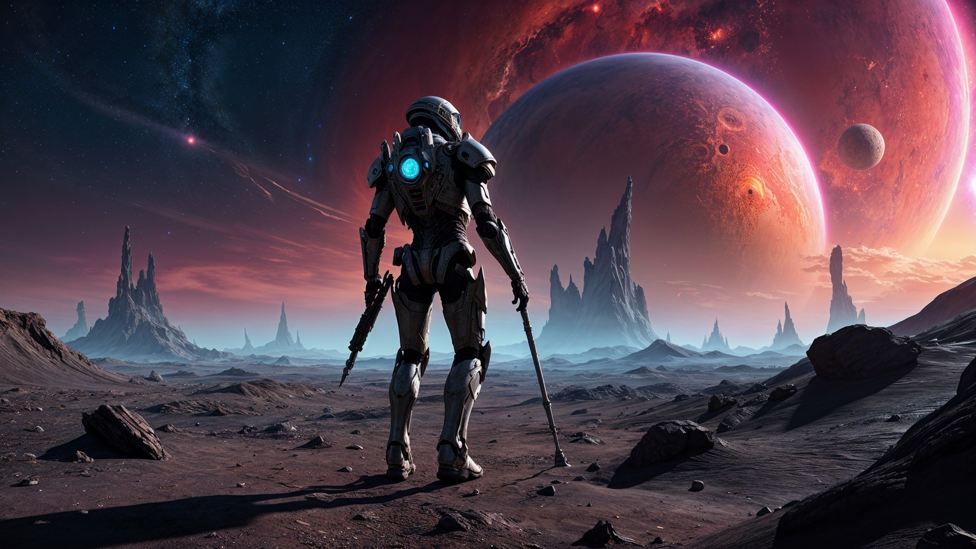 Futuristic Robotic Figure on Alien Landscape