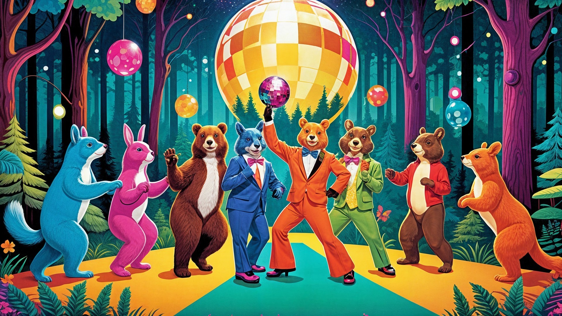 Anthropomorphic Animals Dancing at a Forest Party