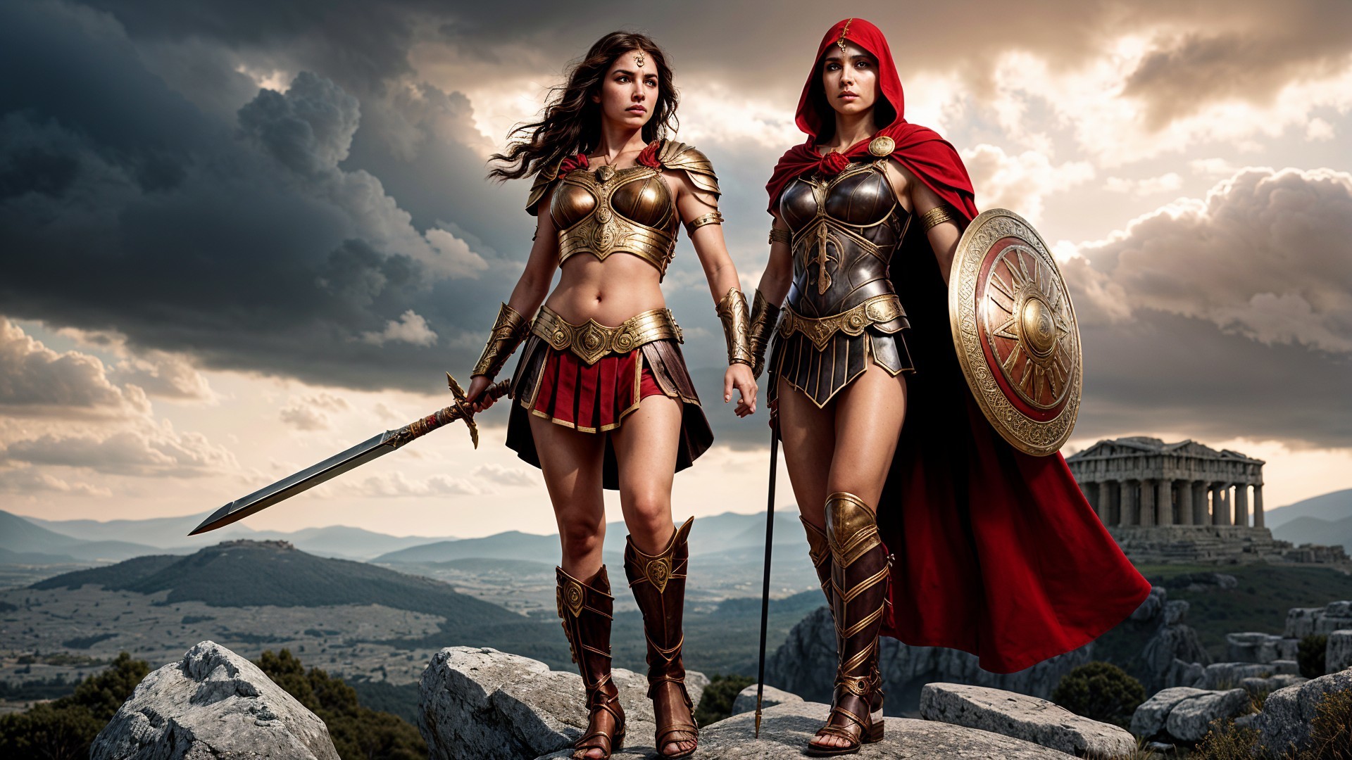 Fierce Female Warriors in Golden Armor on Rocky Landscape