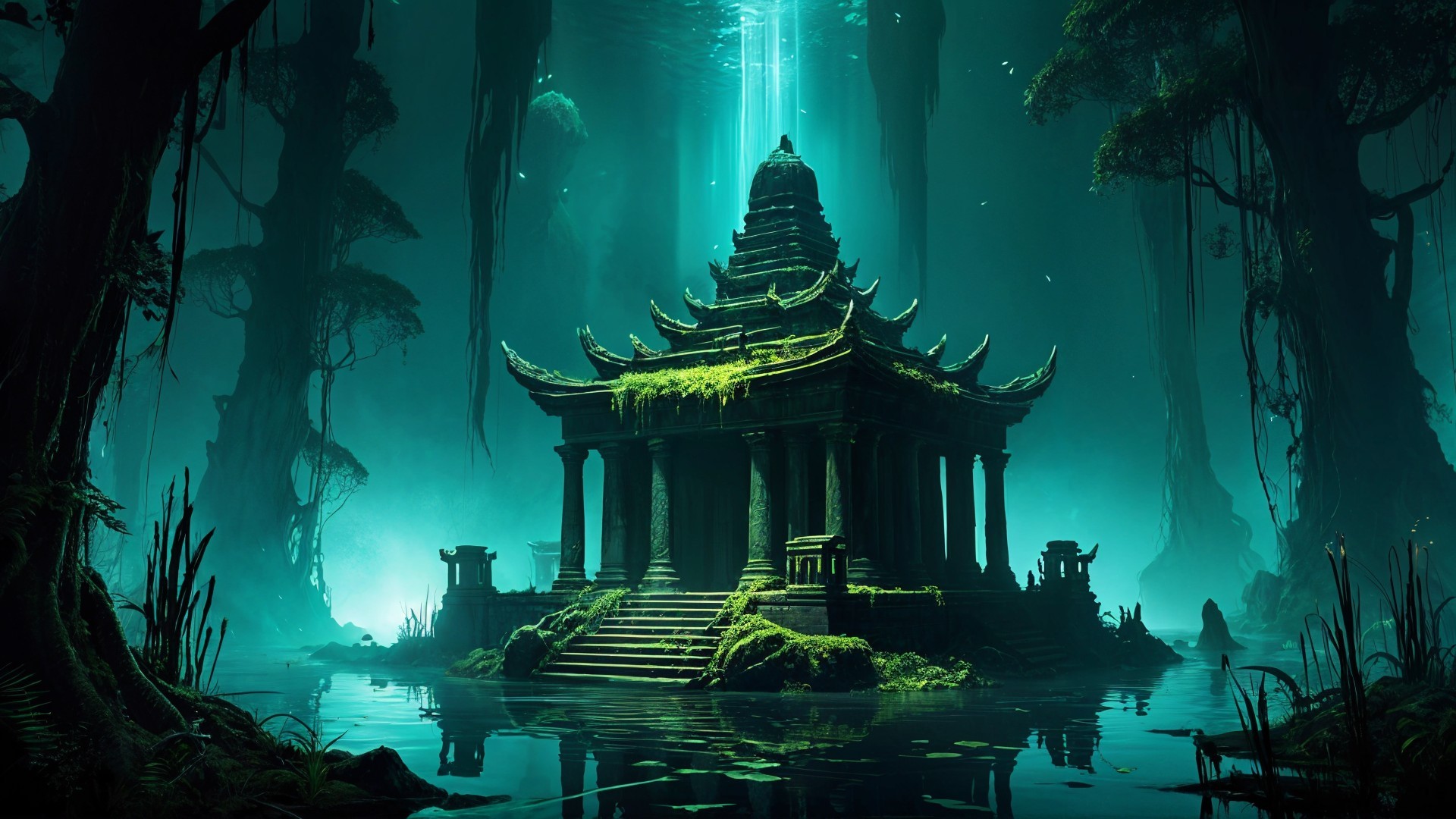 Mystical temple surrounded by serene water and trees