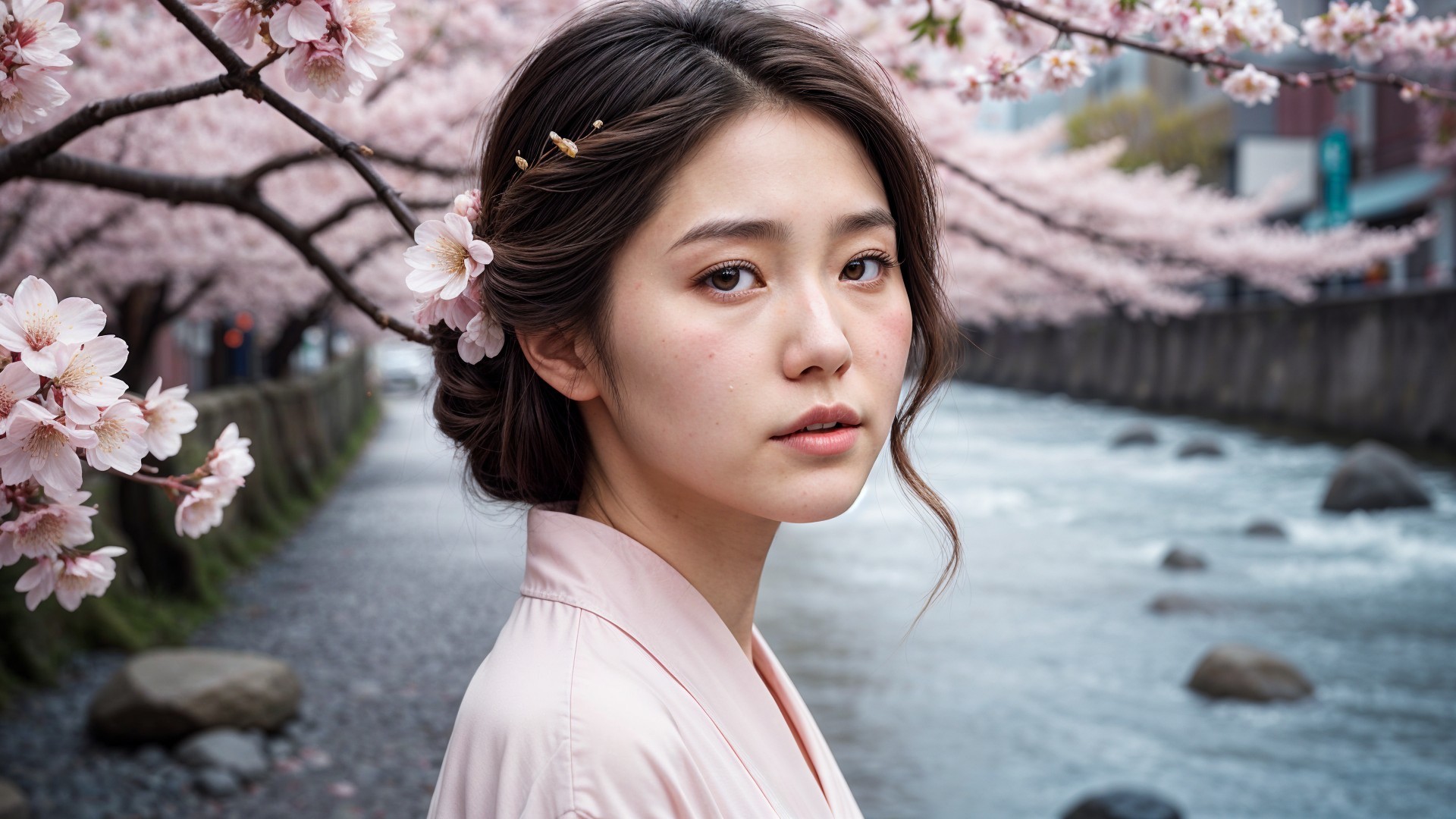 Young woman in cherry blossoms by a serene river