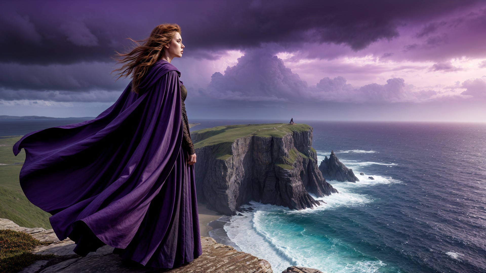 Lone Figure in Purple Cloak Overlooking Turbulent Sea