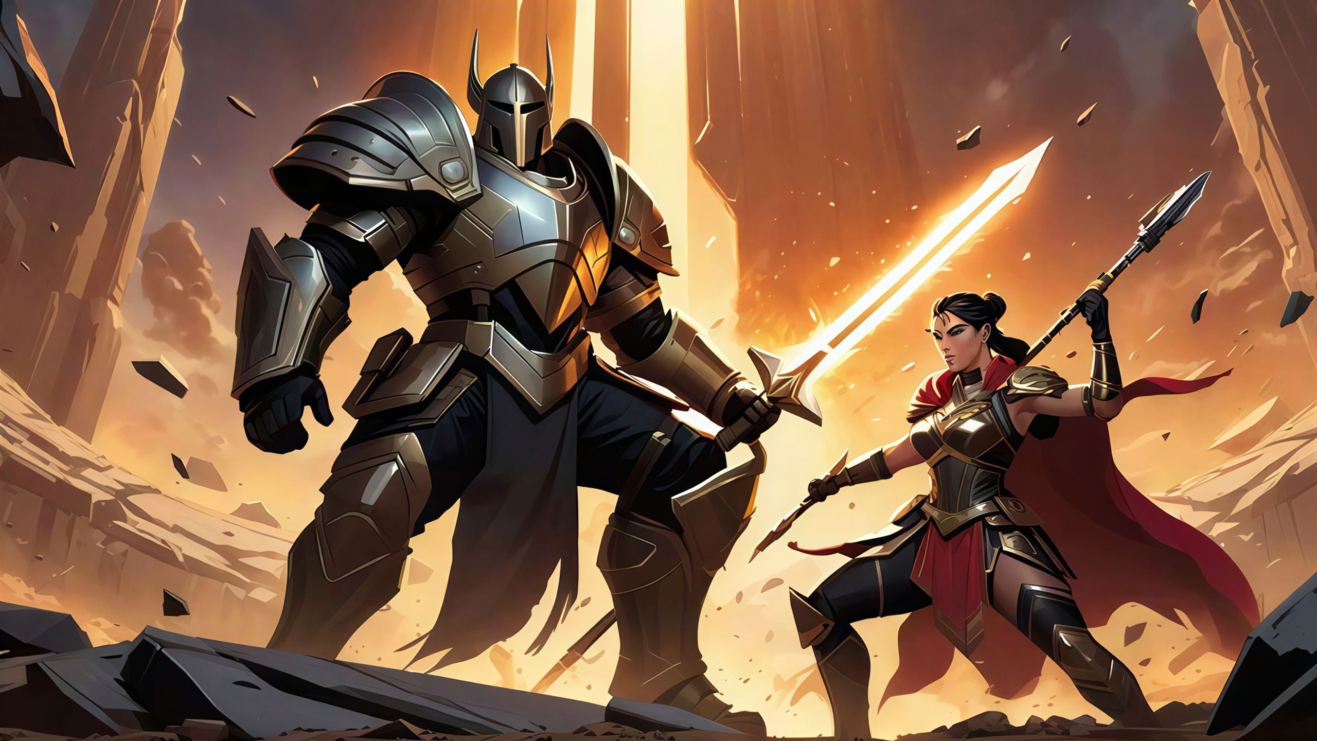 Knight and Female Warrior Duel in Fiery Landscape