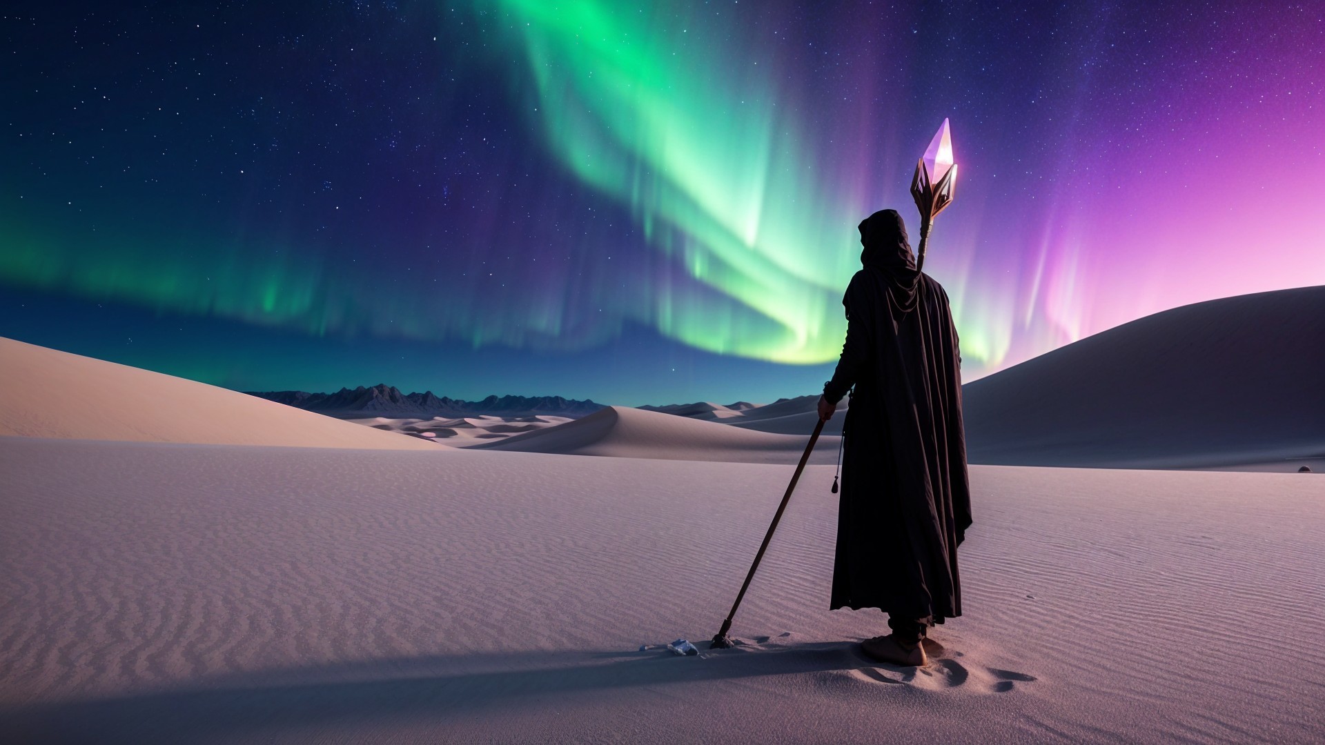 Cloaked figure in desert under vibrant aurora lights
