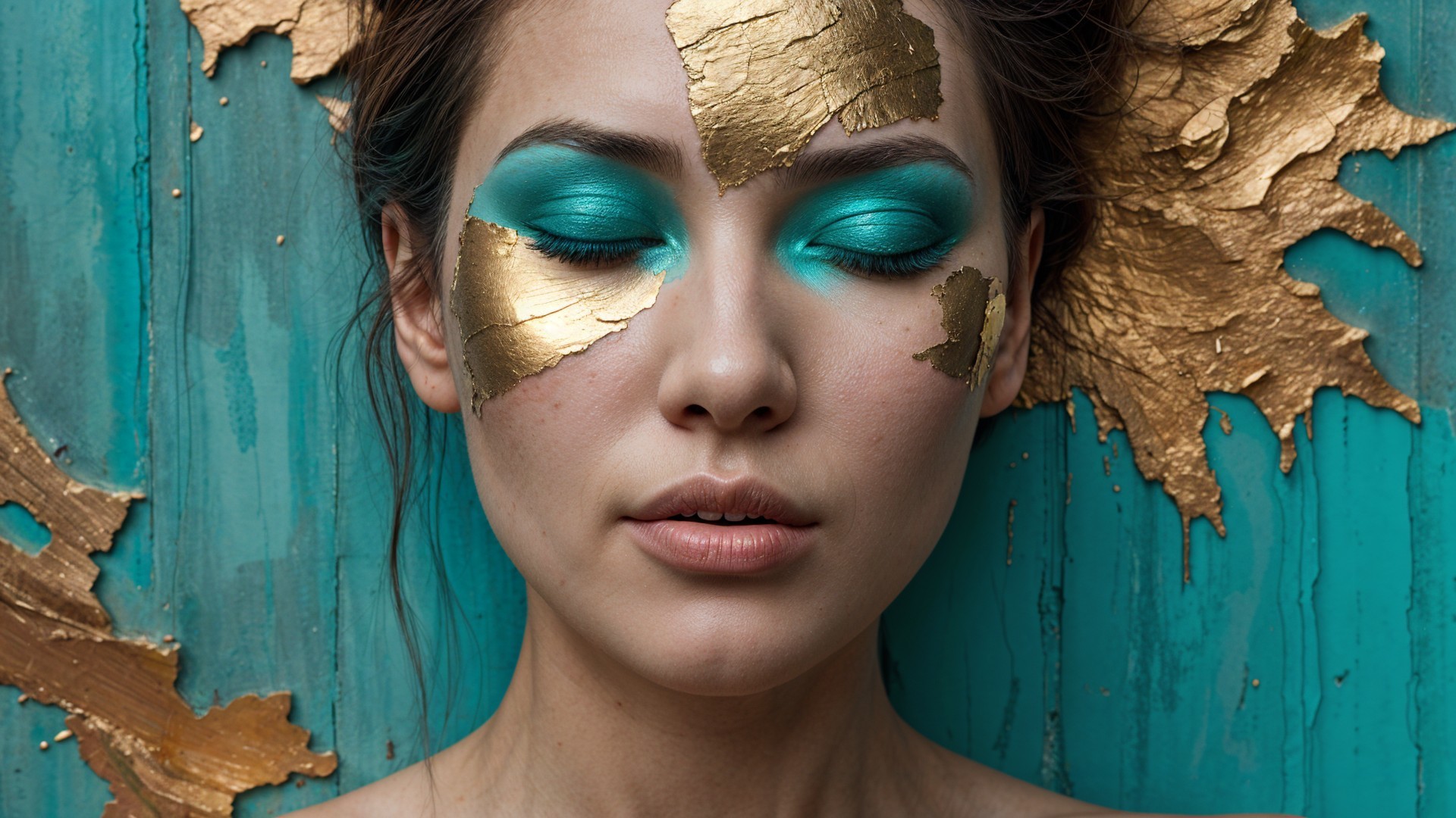 Serene Portrait of Woman with Artistic Makeup and Teal Background