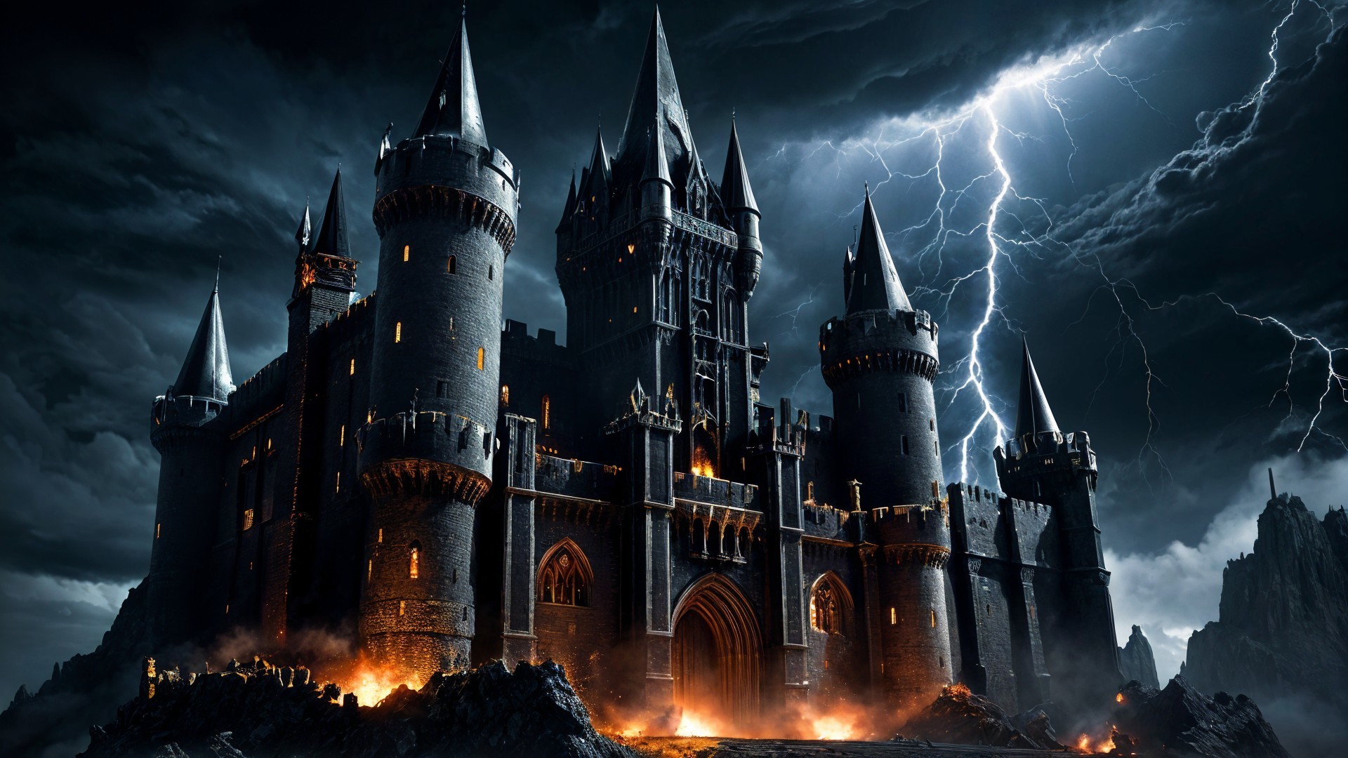 Dark Castle Under Stormy Sky with Lightning and Flames