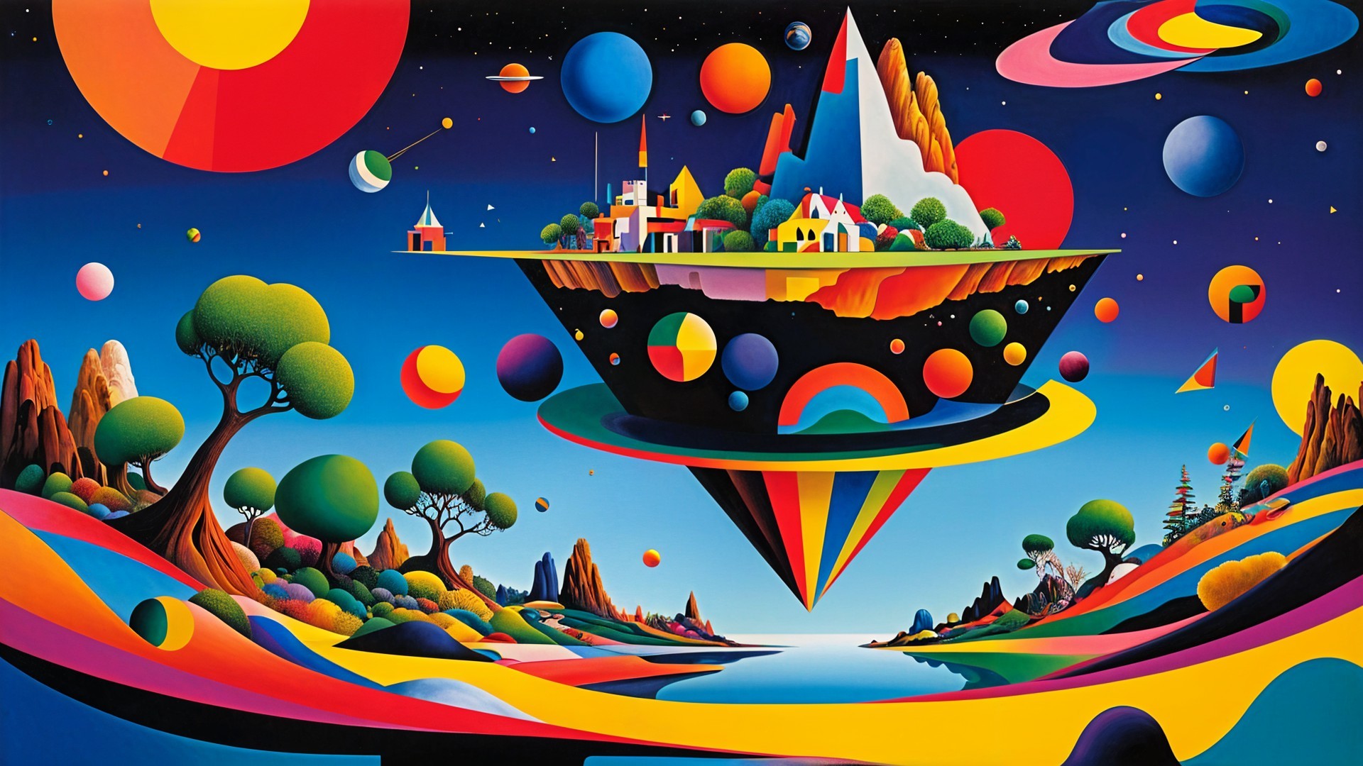 Surreal Landscape with Floating Island and Cosmic Backdrop