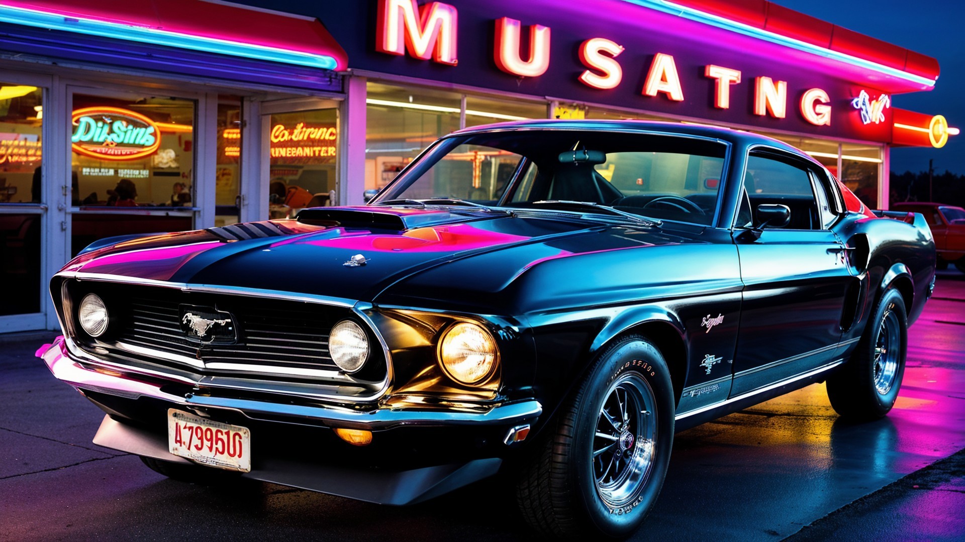 1968 Ford Mustang in Front of Retro Diner at Night