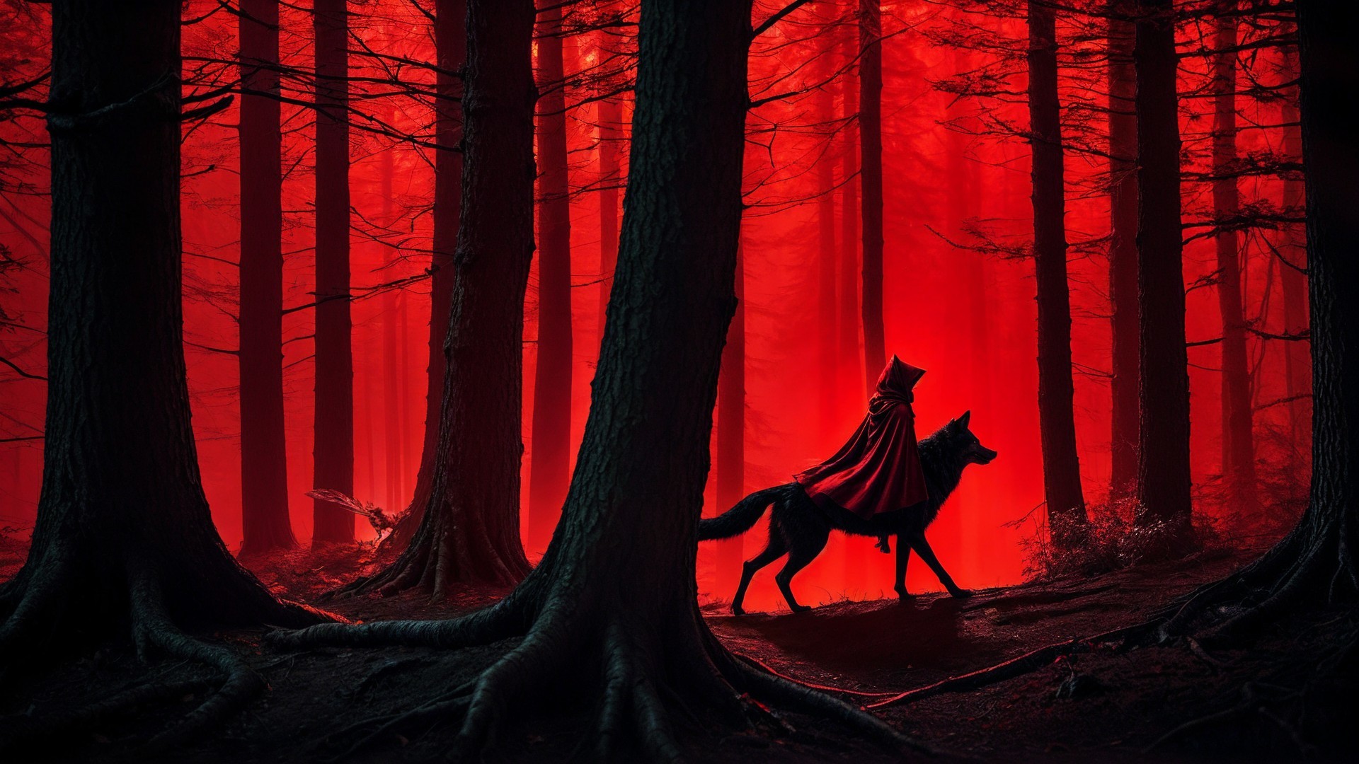 Mysterious figure in red cloak with wolf in dark forest