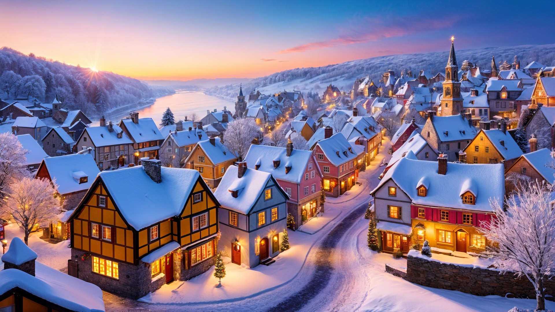 Winter Village Scene with Snowy Landscape and Twilight