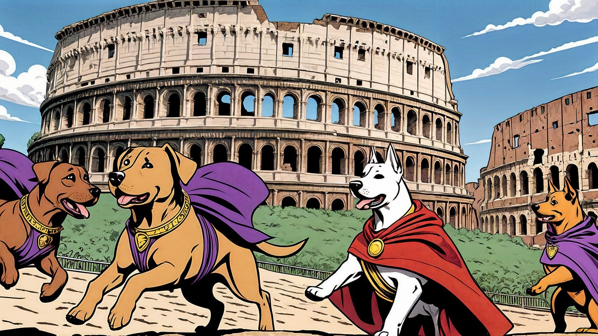 Dogs in Purple Capes at the Colosseum in Rome