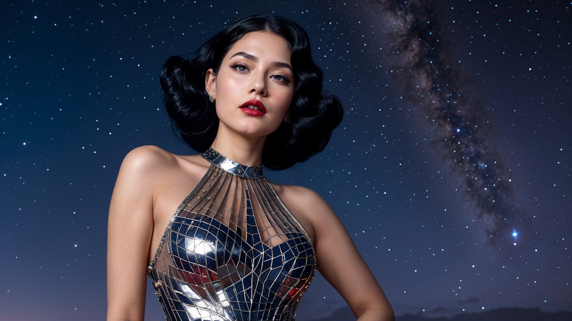 Model in Metallic Gown Against Starry Night Sky