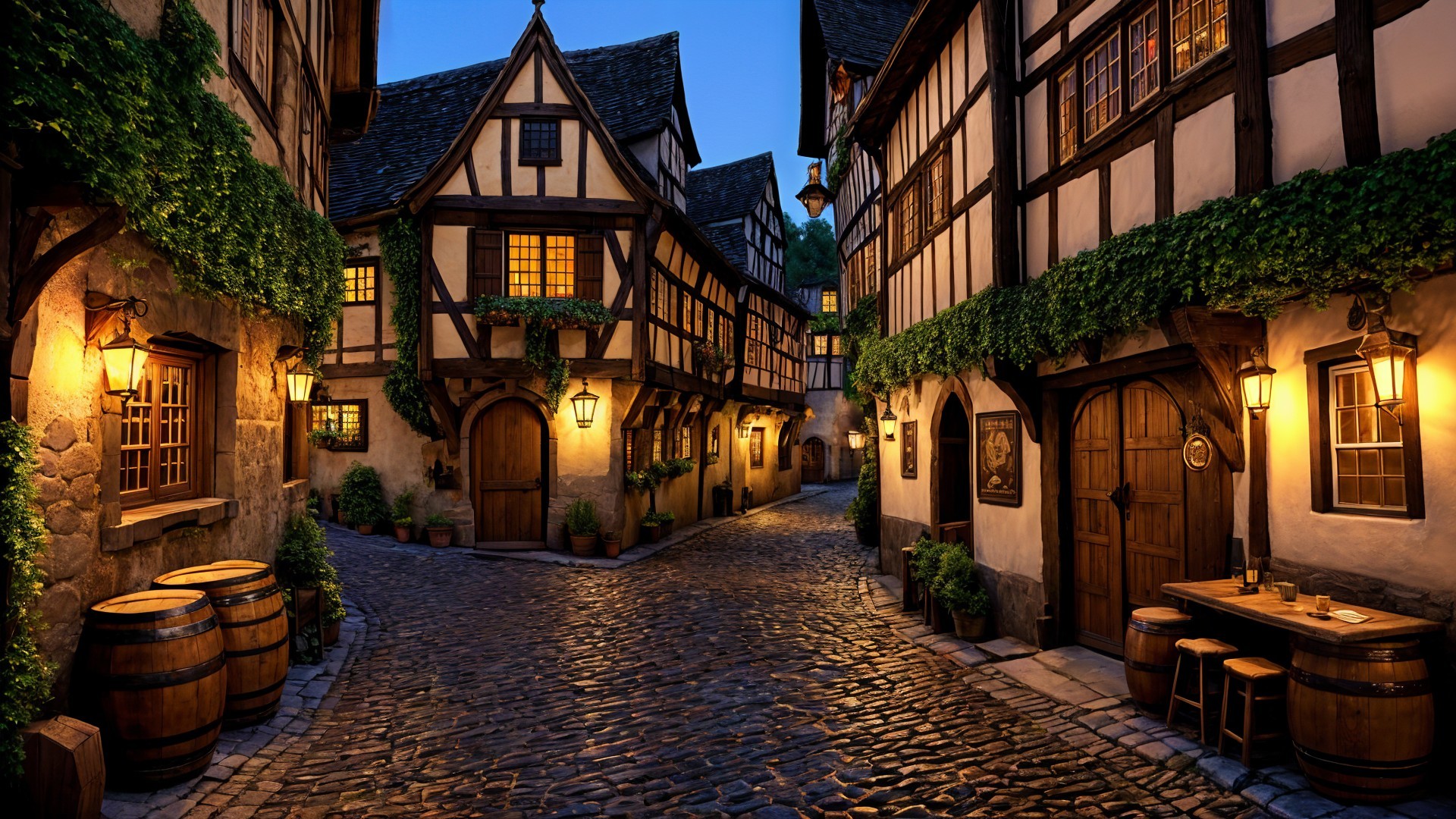 Charming Cobblestone Street in Quaint Village at Dusk
