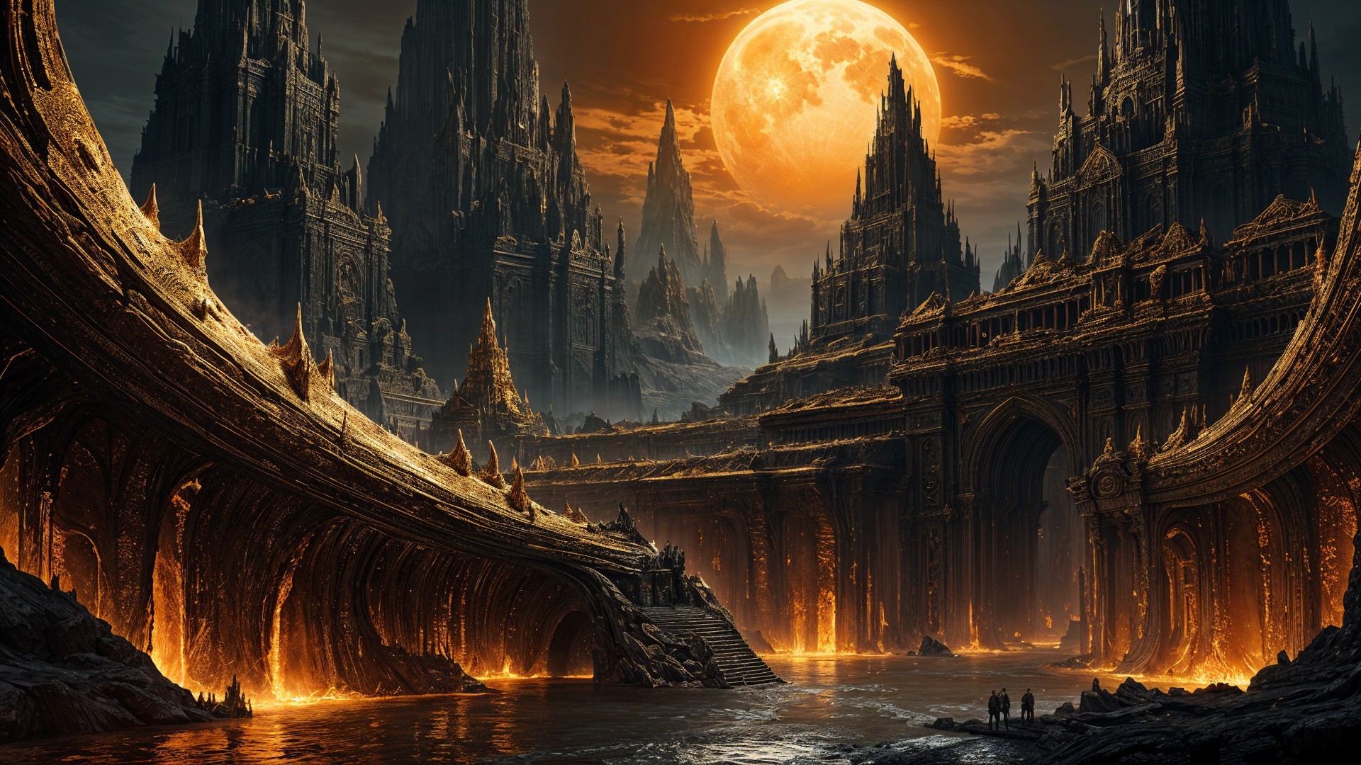 Gothic Landscape with Moon, Lava, and Dark Water