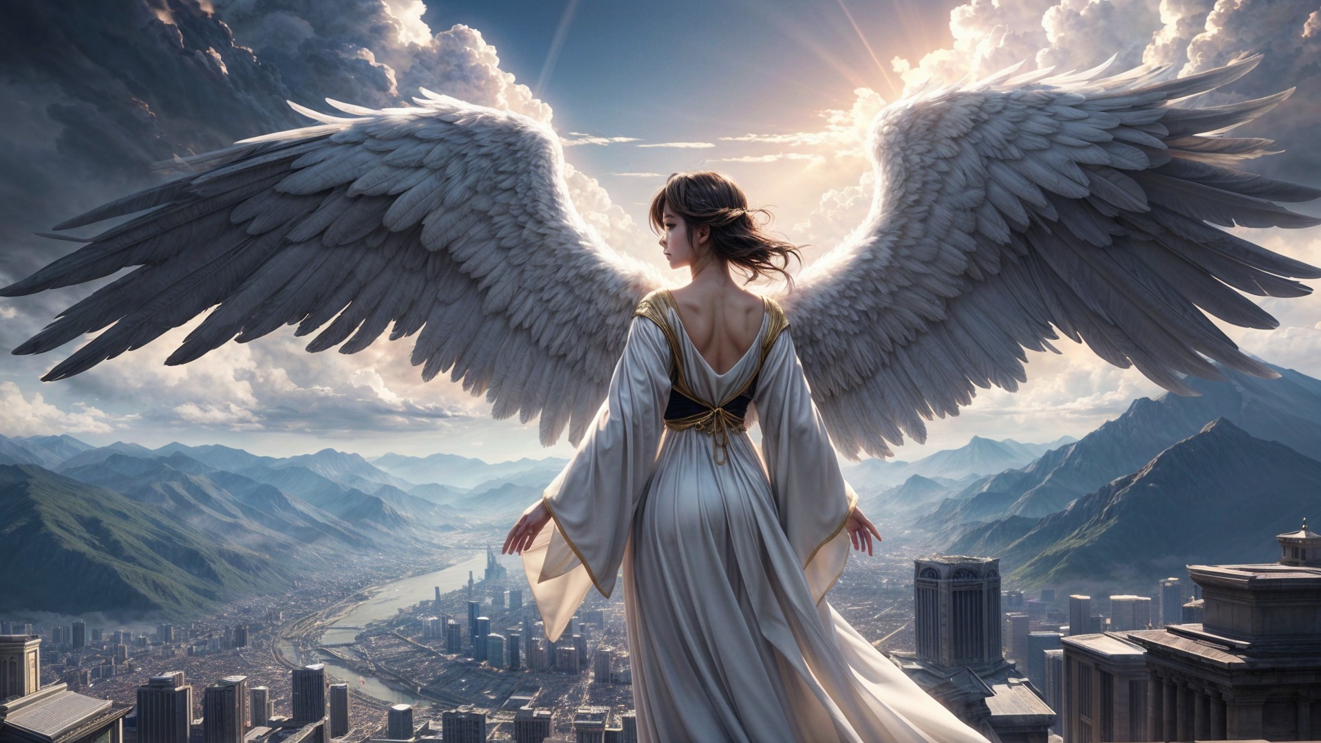 Majestic angel on cliff with expansive landscape view