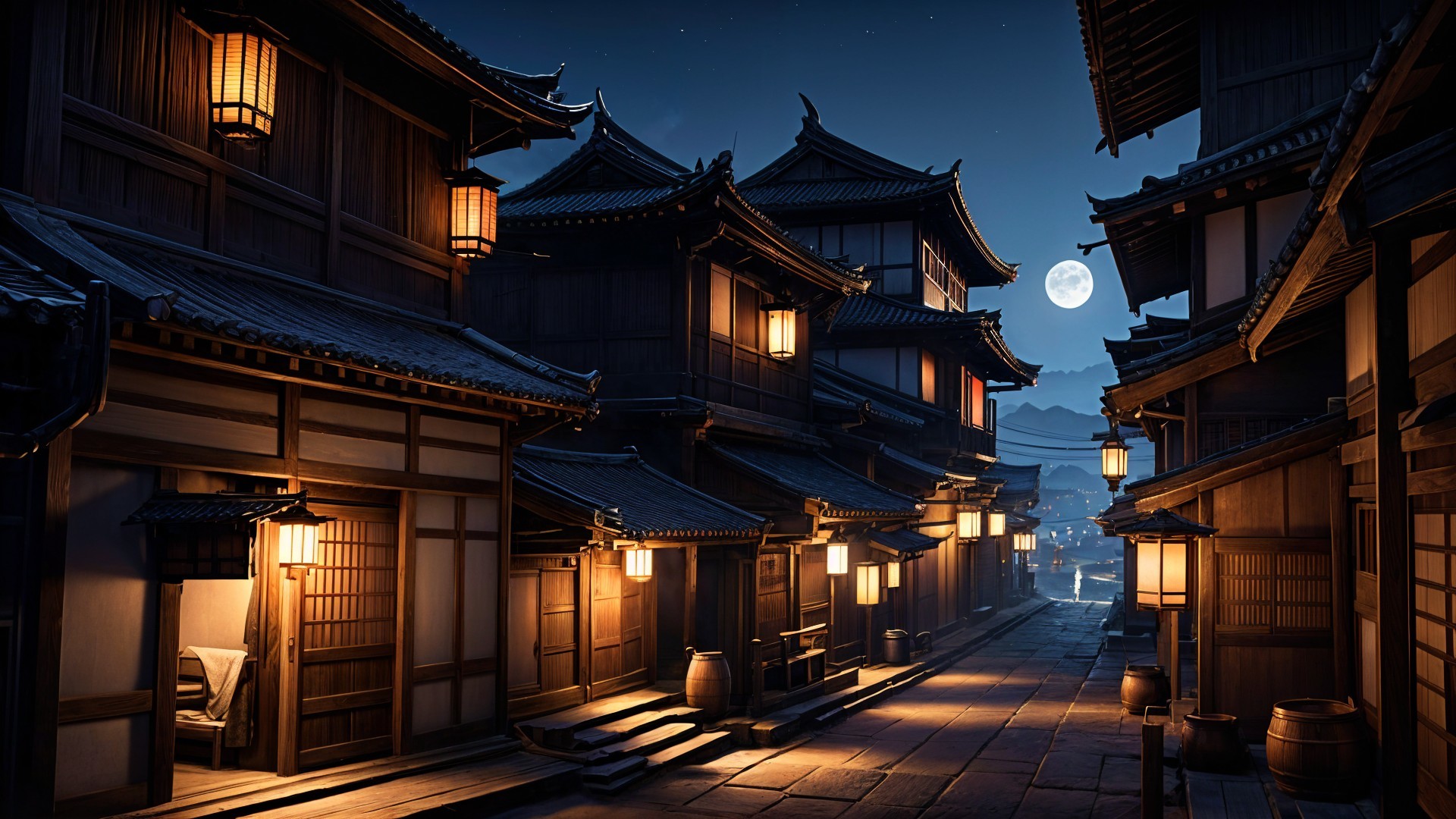 Serene Nighttime Scene in an Ancient Japanese Village