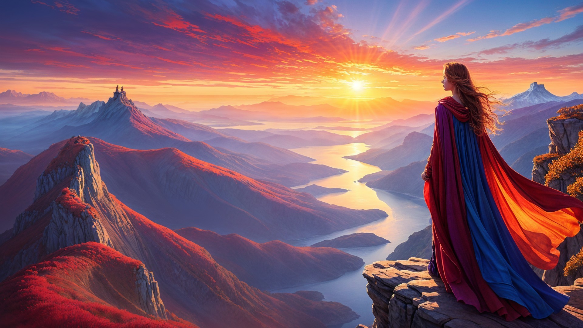 Woman in Cape Overlooking Sunset Landscape with Mountains