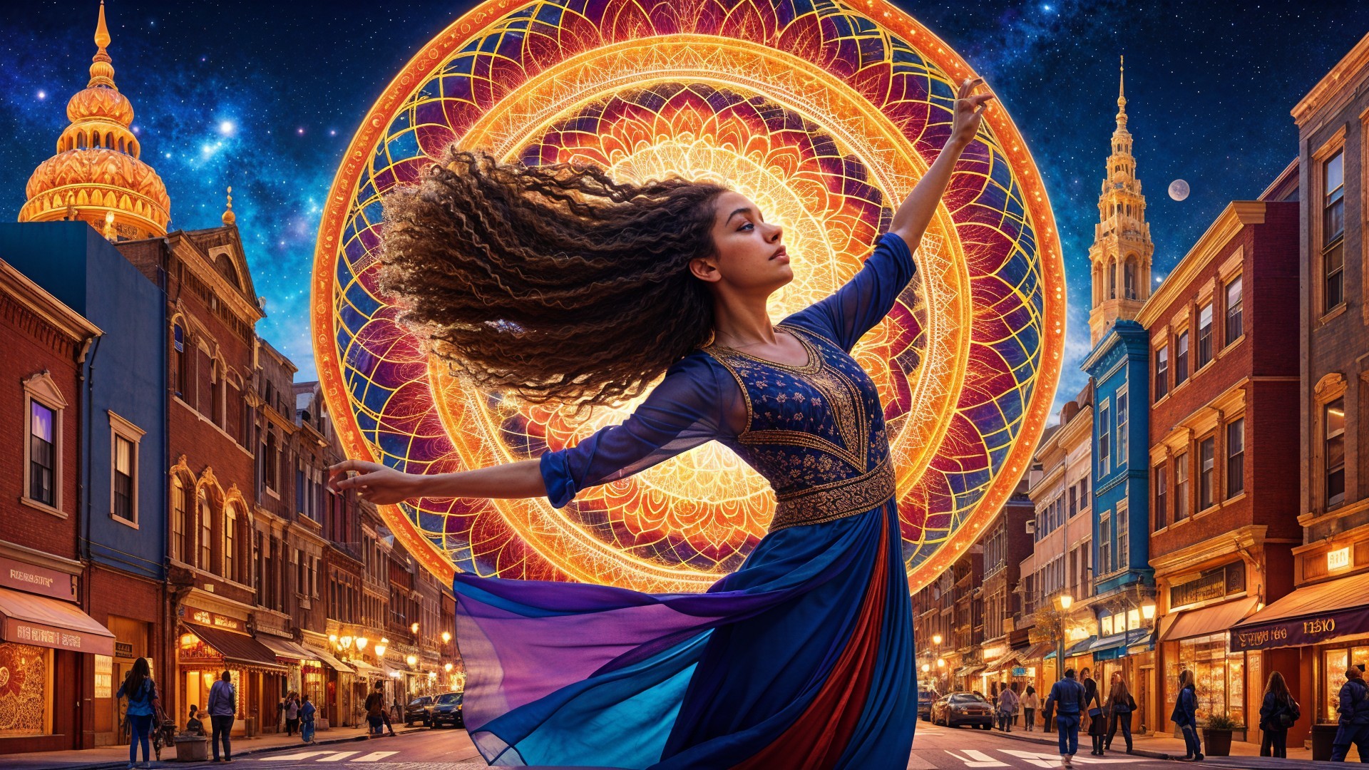 Young woman dances in vibrant urban setting at night