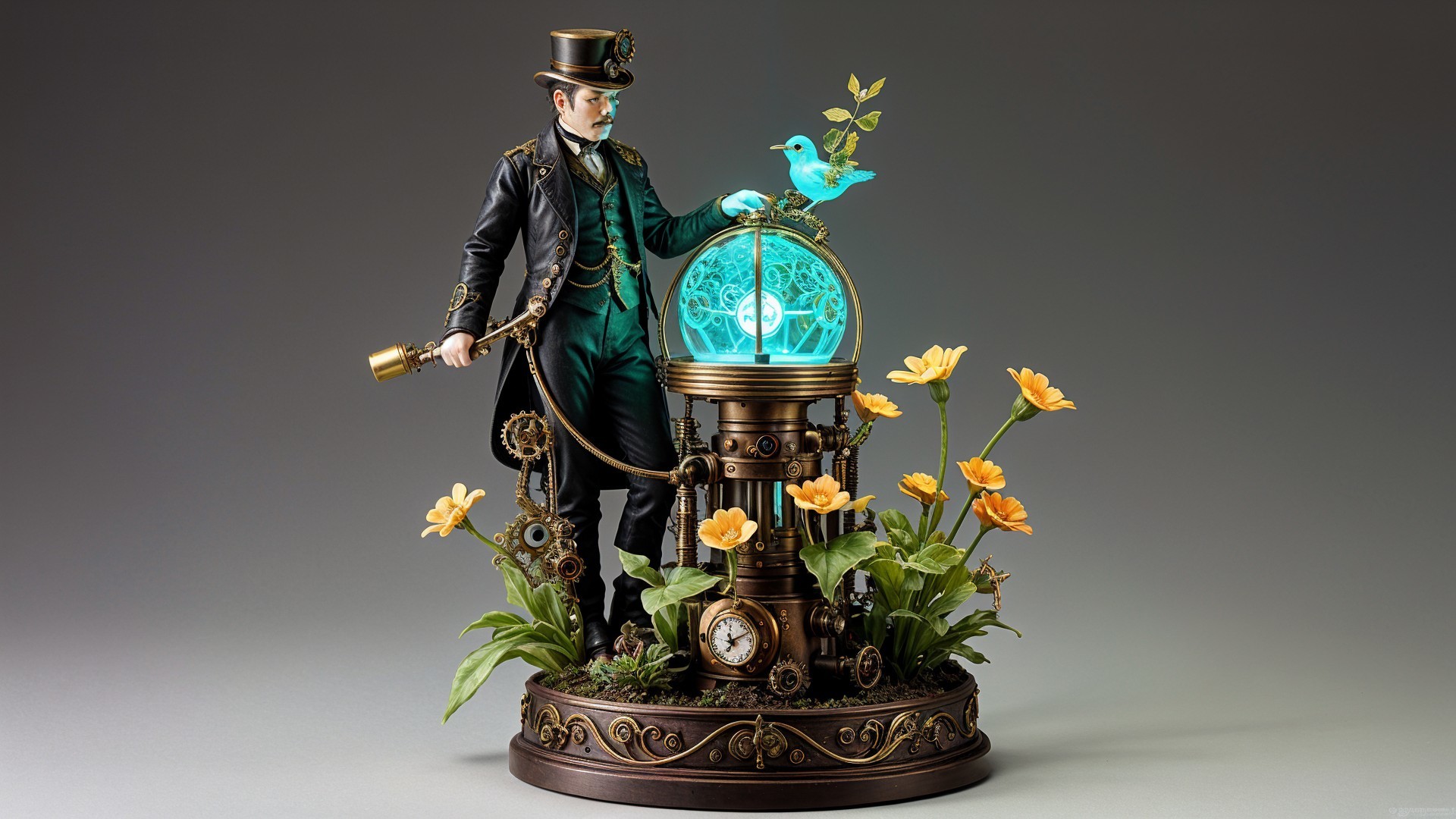 Steampunk Sculpture of a Gentleman and Blue Bird
