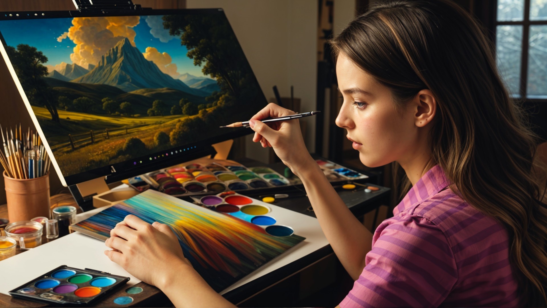 Young woman painting at organized art desk with screen