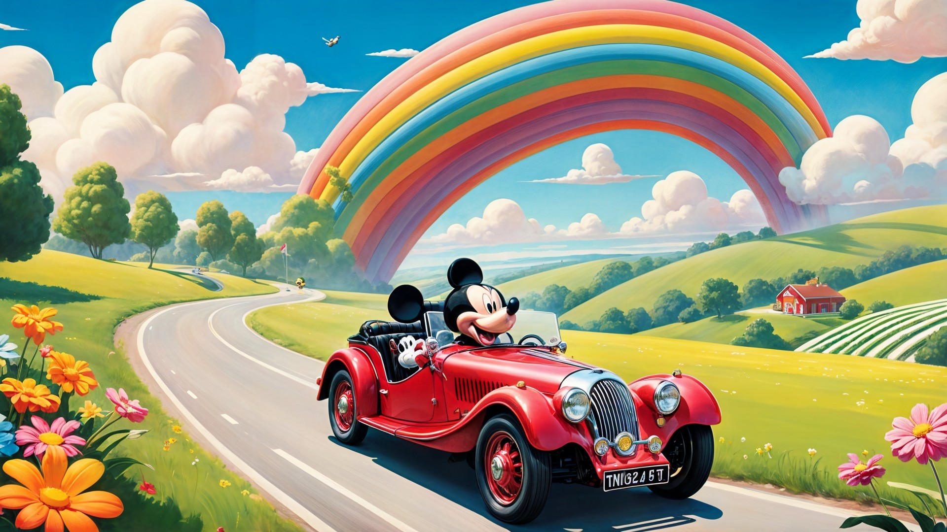 Vibrant Scene of a Cartoon Mouse in a Convertible