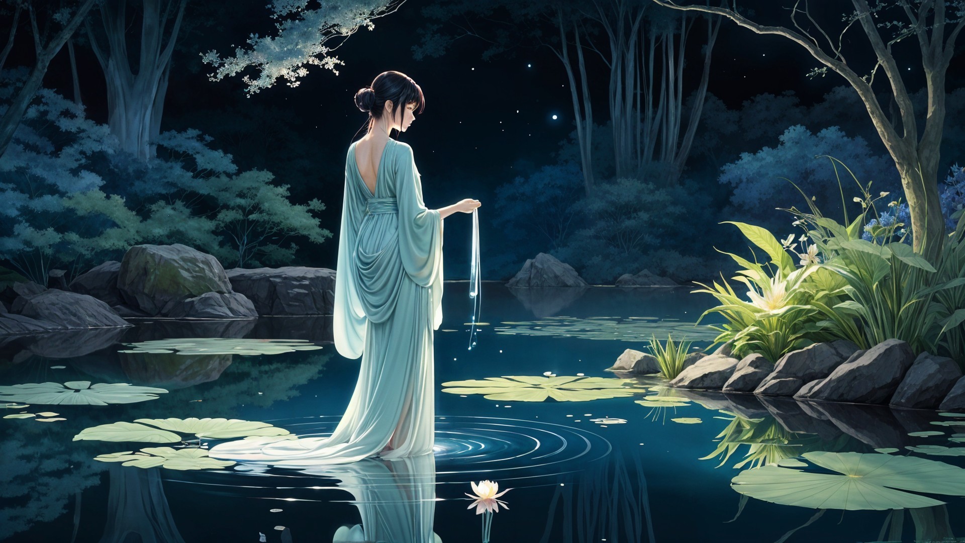 Moonlit Scene of Woman by Tranquil Pond