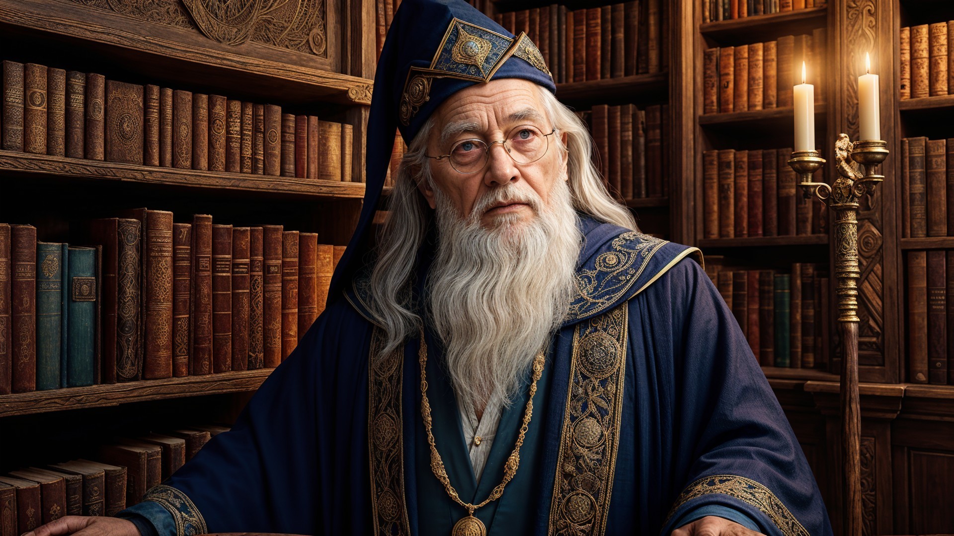Elderly Wizard in Grand Library Surrounded by Books
