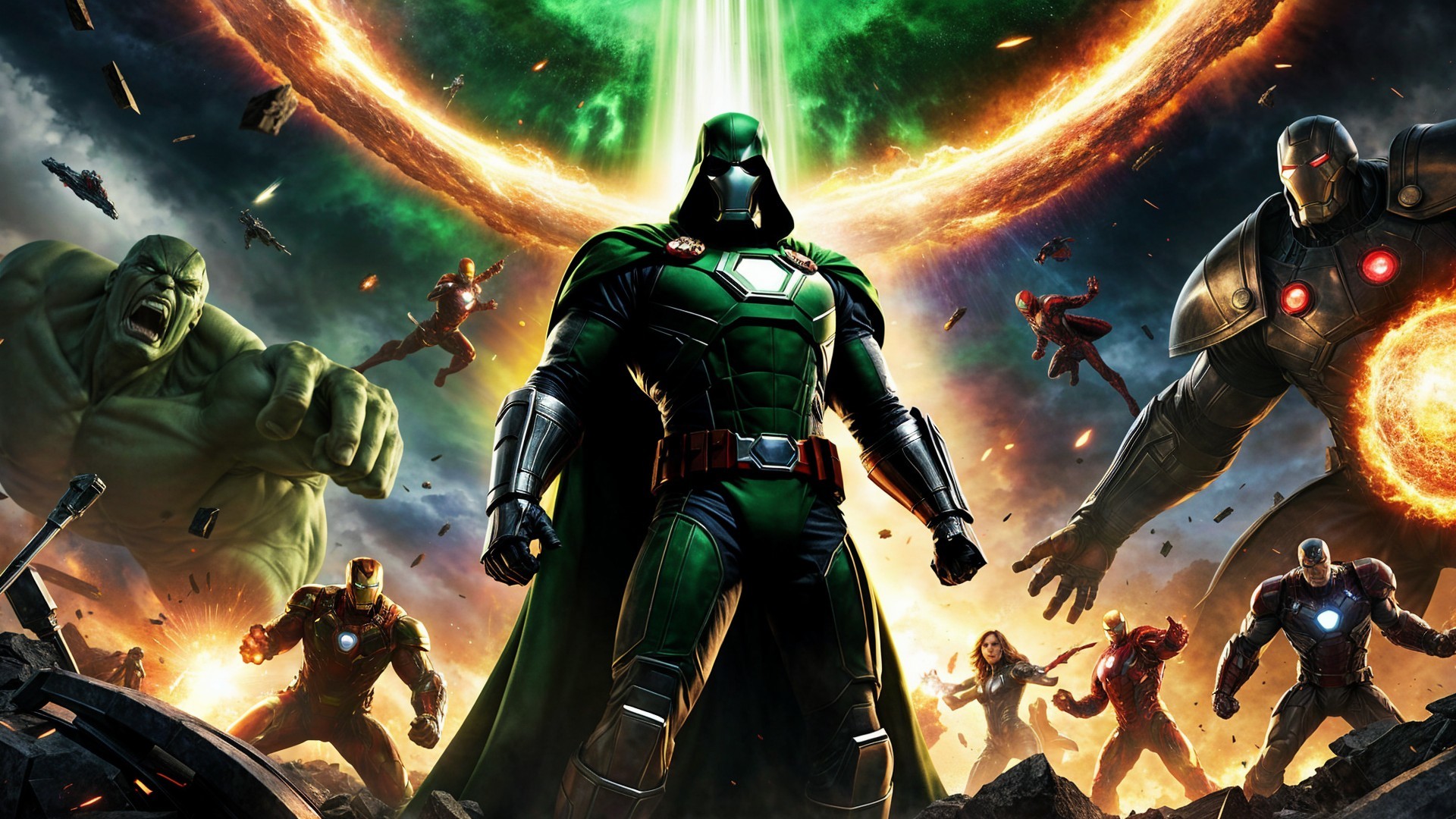 Superhero Battle with Green-Suited Central Figure