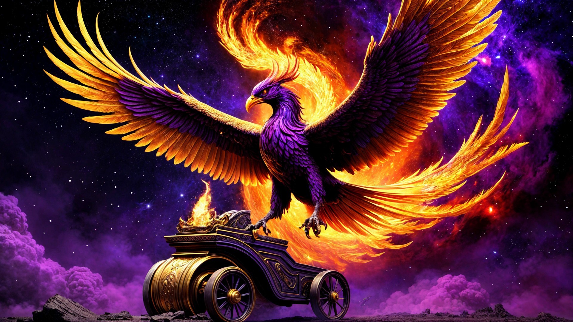Majestic Purple Phoenix on Ornate Fiery Chariot