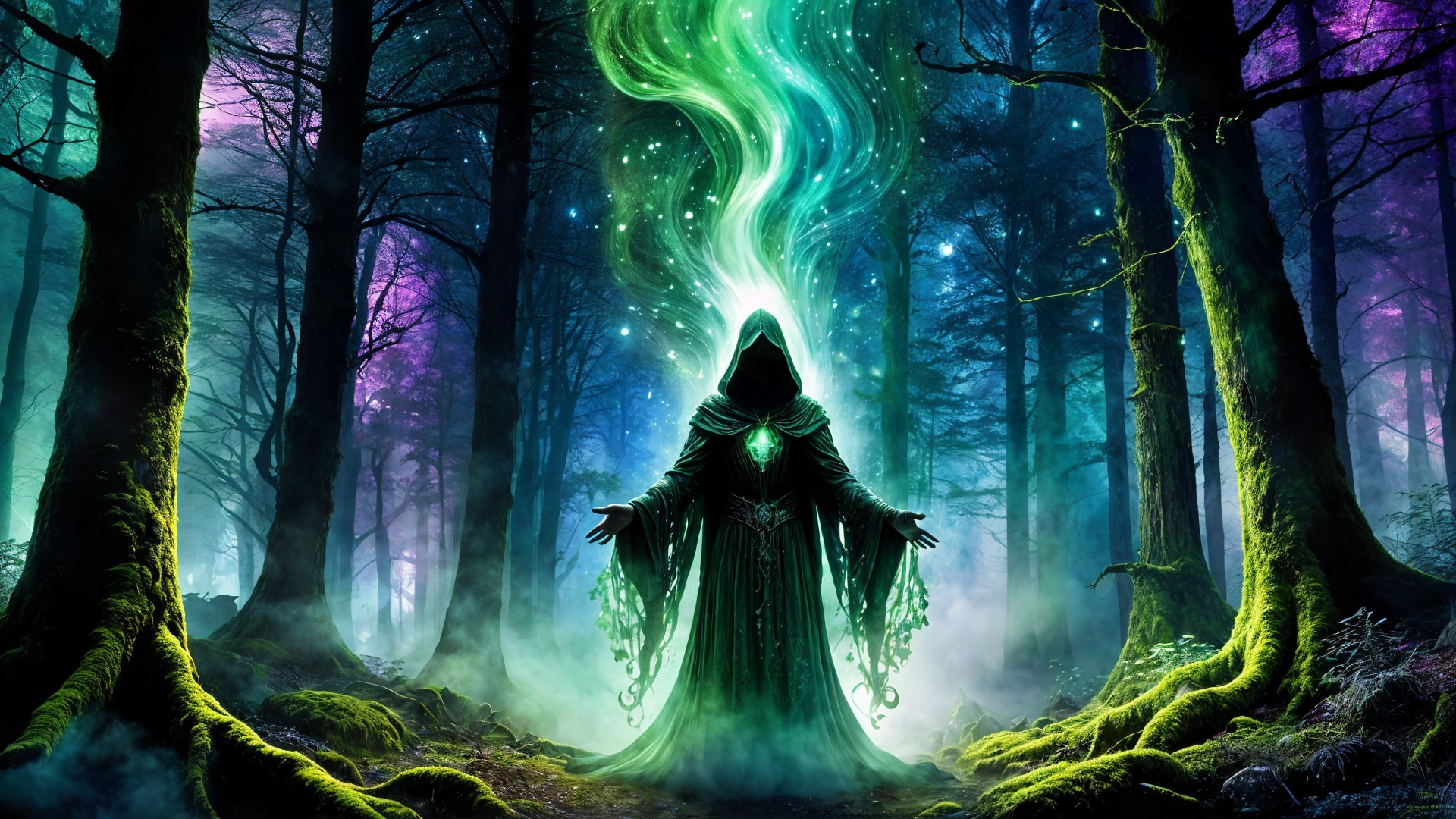 Hooded Figure in Mystical Forest with Green Energy