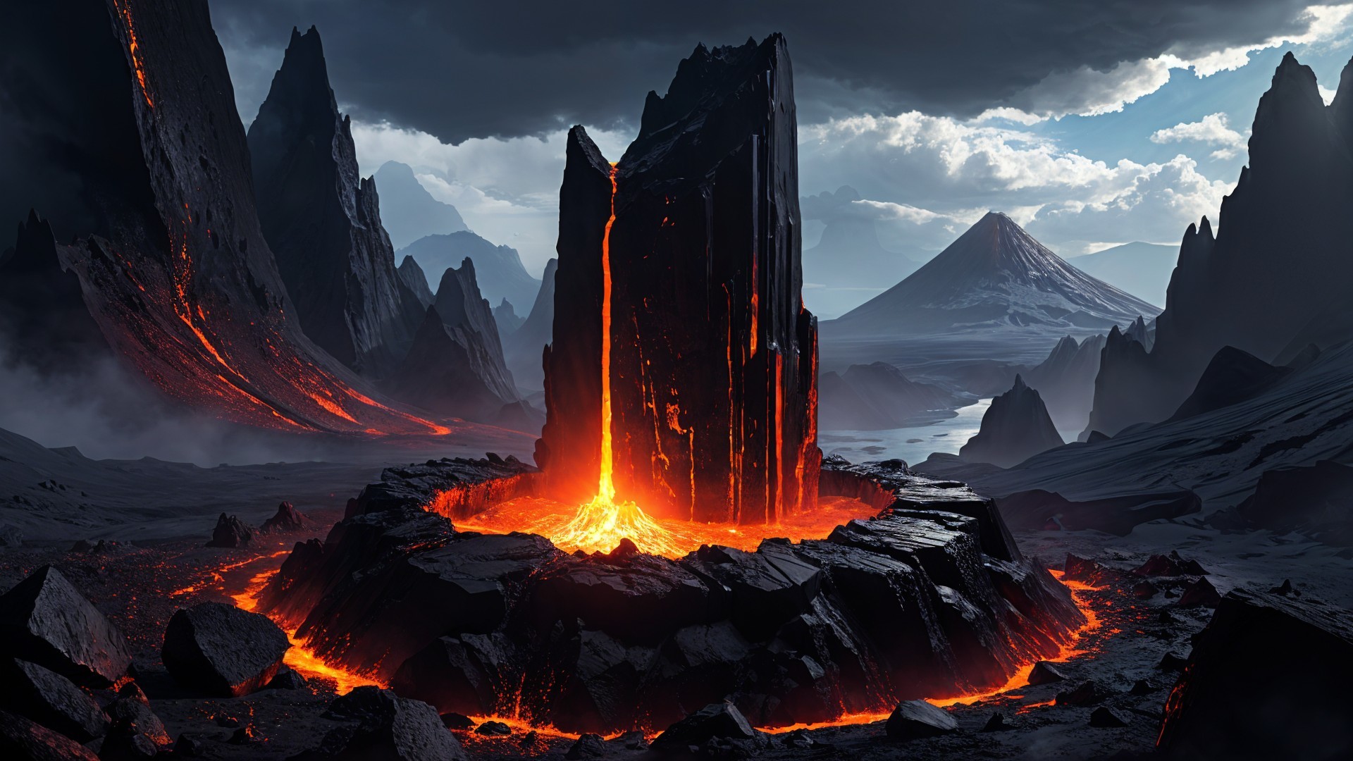 Dramatic Volcanic Landscape with Glowing Lava Streams