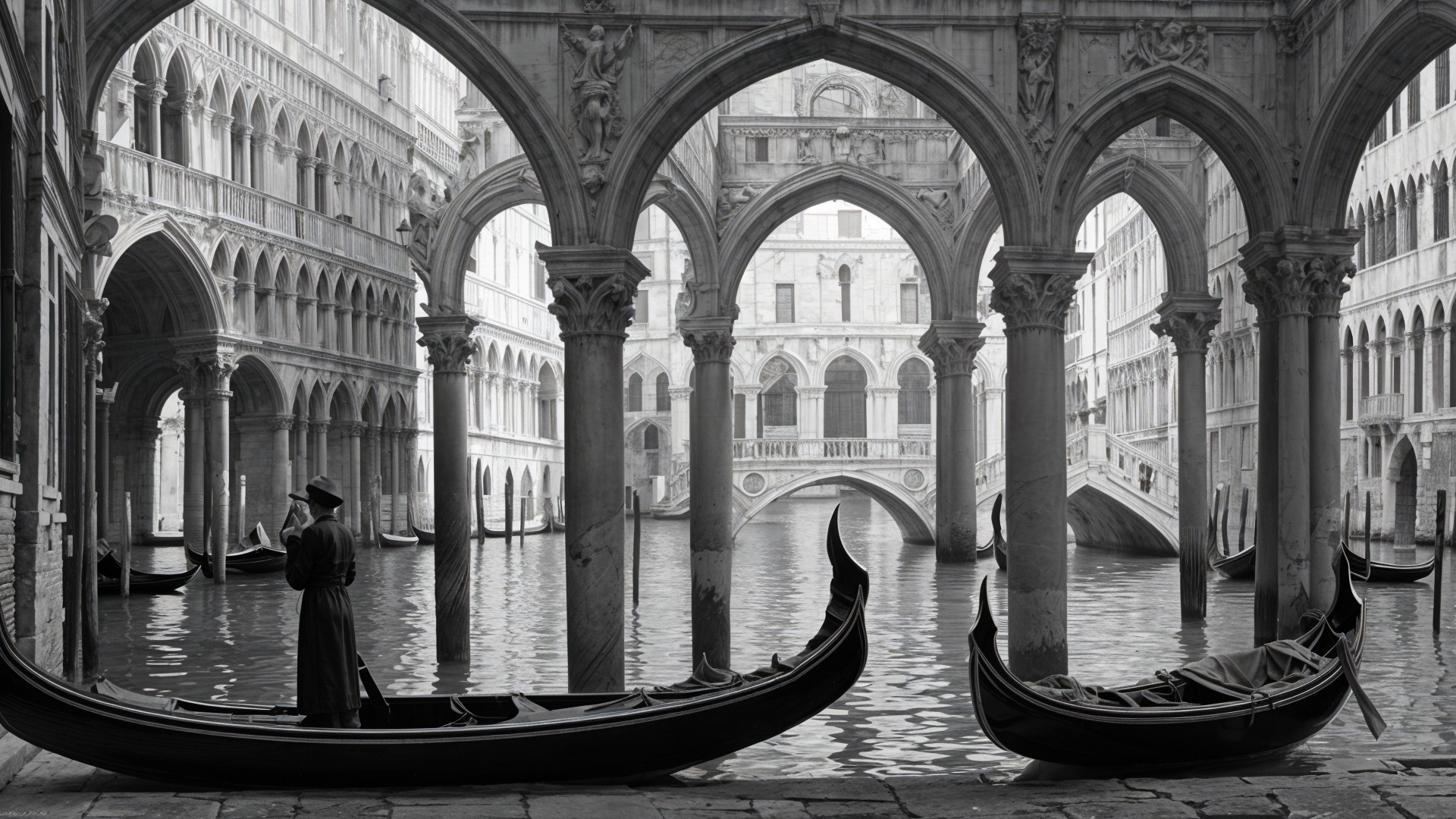 Black-and-white depiction of a Venetian canal scene