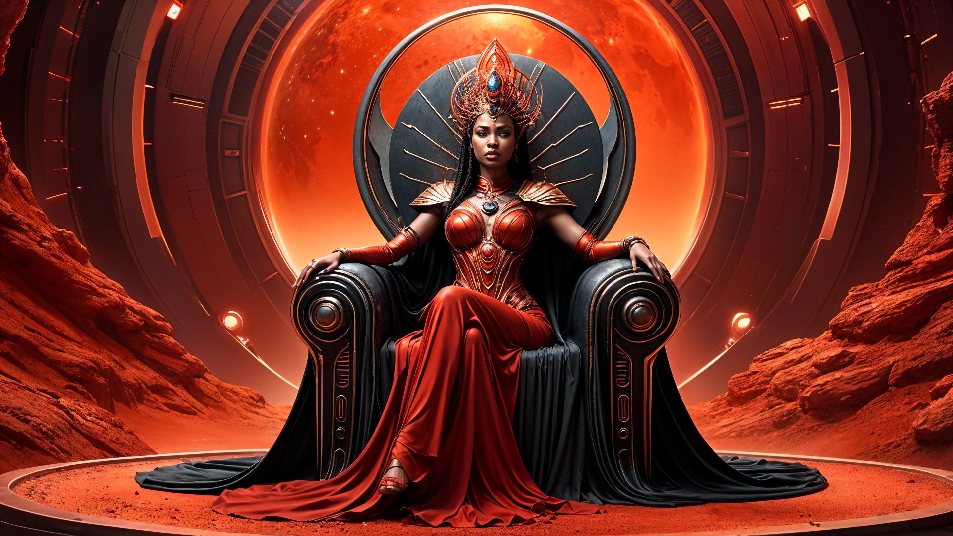 Majestic figure on throne with cosmic backdrop