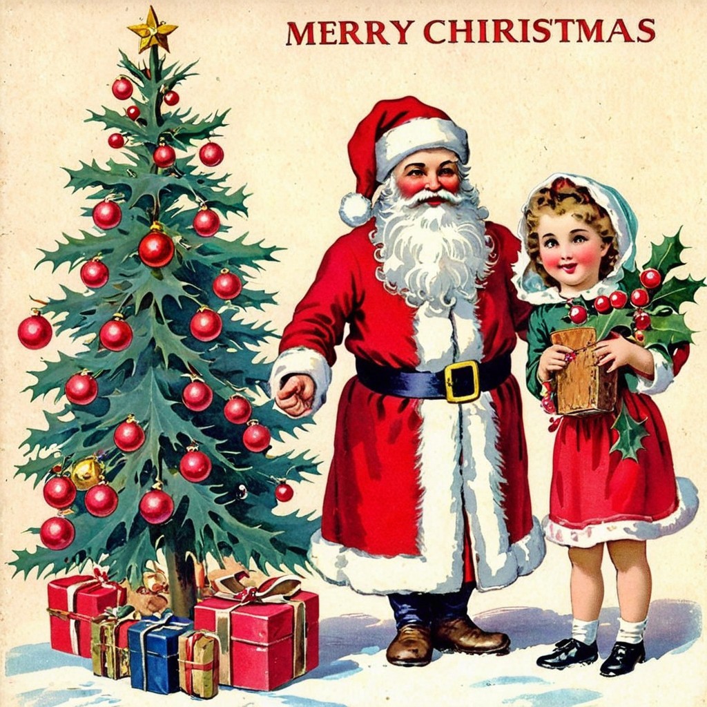 Vintage Santa Claus Illustration with Christmas Tree