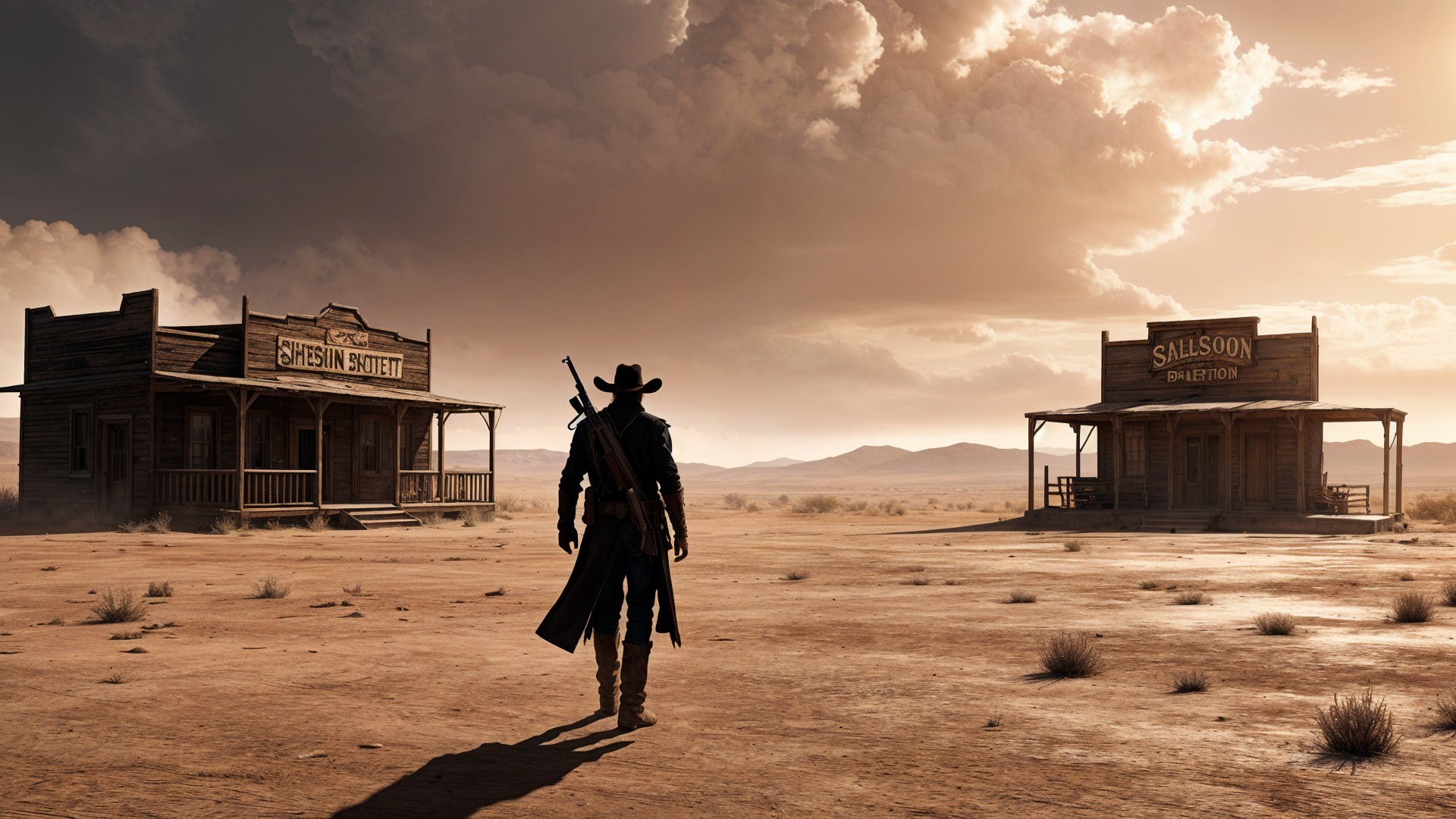 Deserted Western Town with Cowboy Figure and Buildings