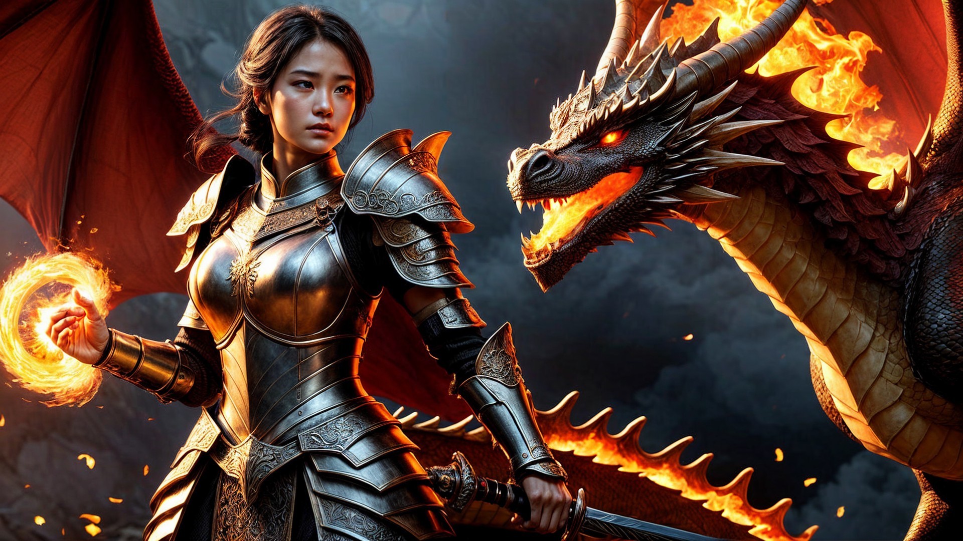 Fierce Female Warrior with Dragon in Dramatic Scene
