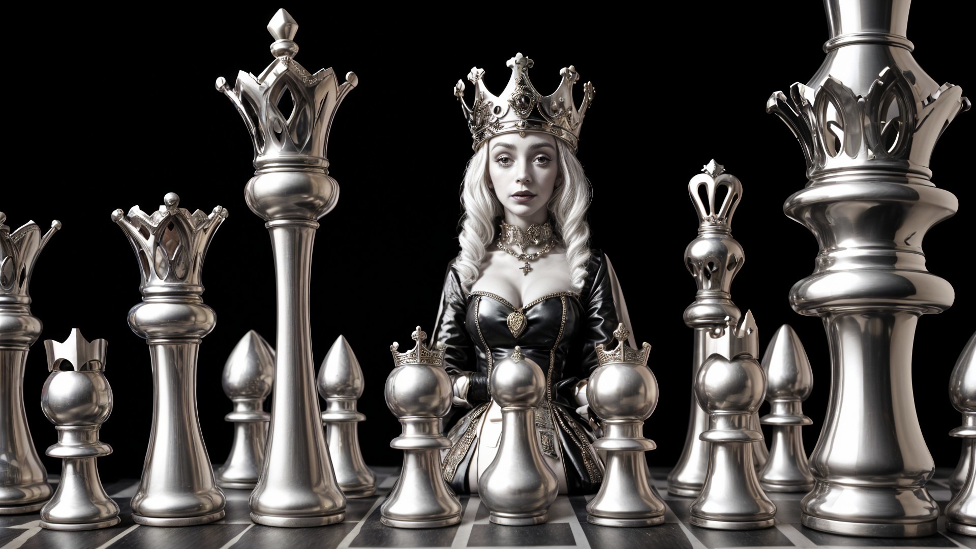 Regal Woman in Dark Gown with Silver Chess Pieces